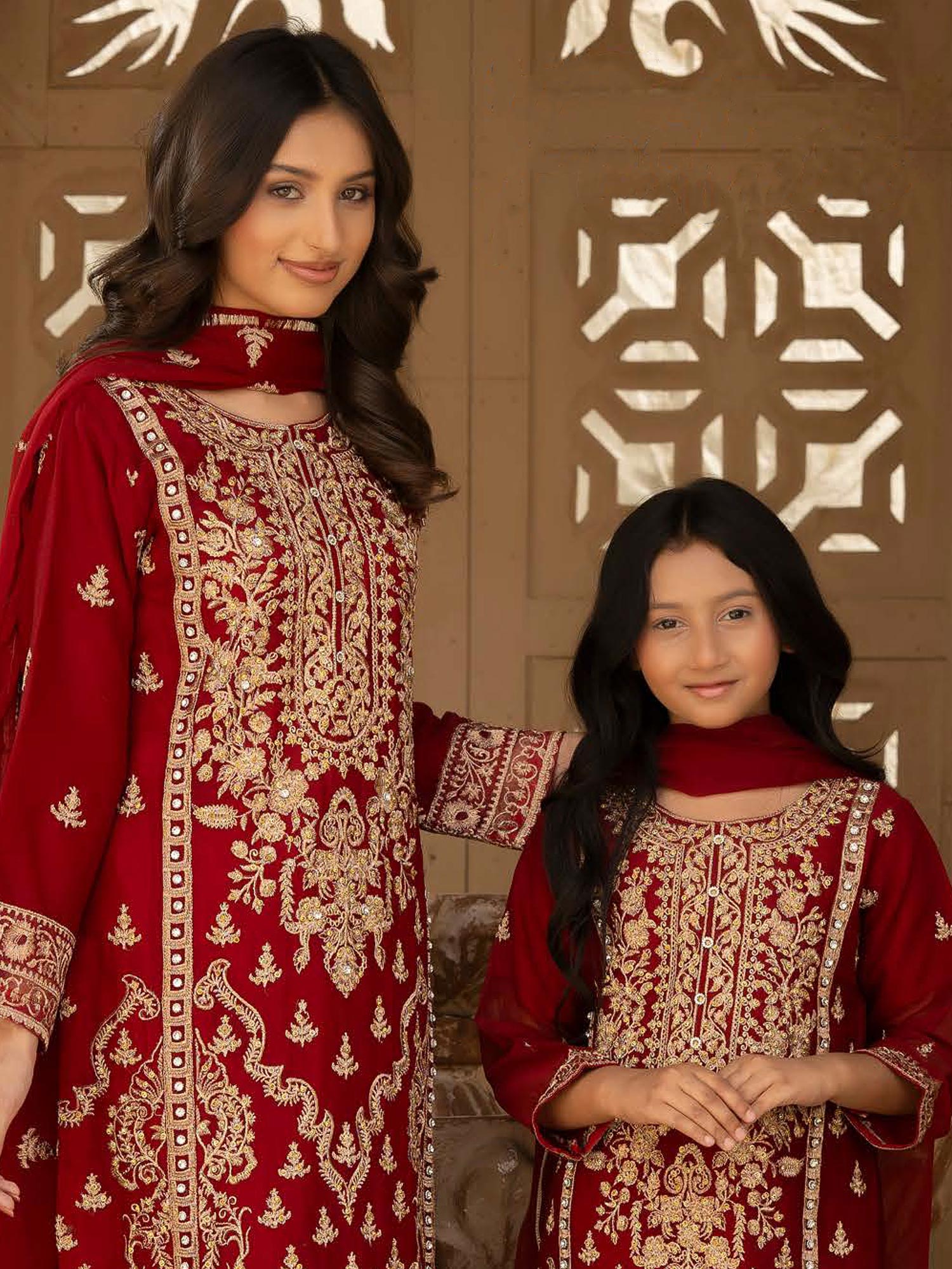 Rangz Chiffon Mother-Daughter Embroidered 3-Piece Suit - Red