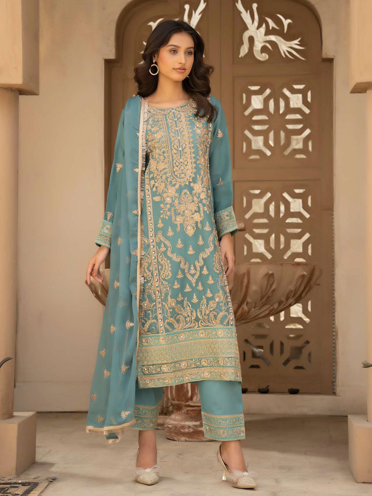 Rangz Chiffon Mother-Daughter Embroidered 3-Piece Suit - Sea Green