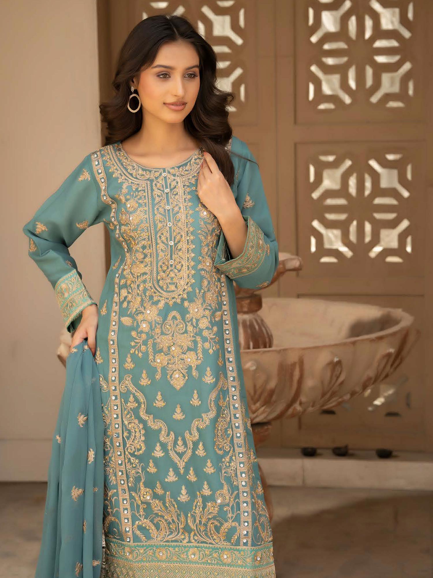Rangz Chiffon Mother-Daughter Embroidered 3-Piece Suit - Sea Green