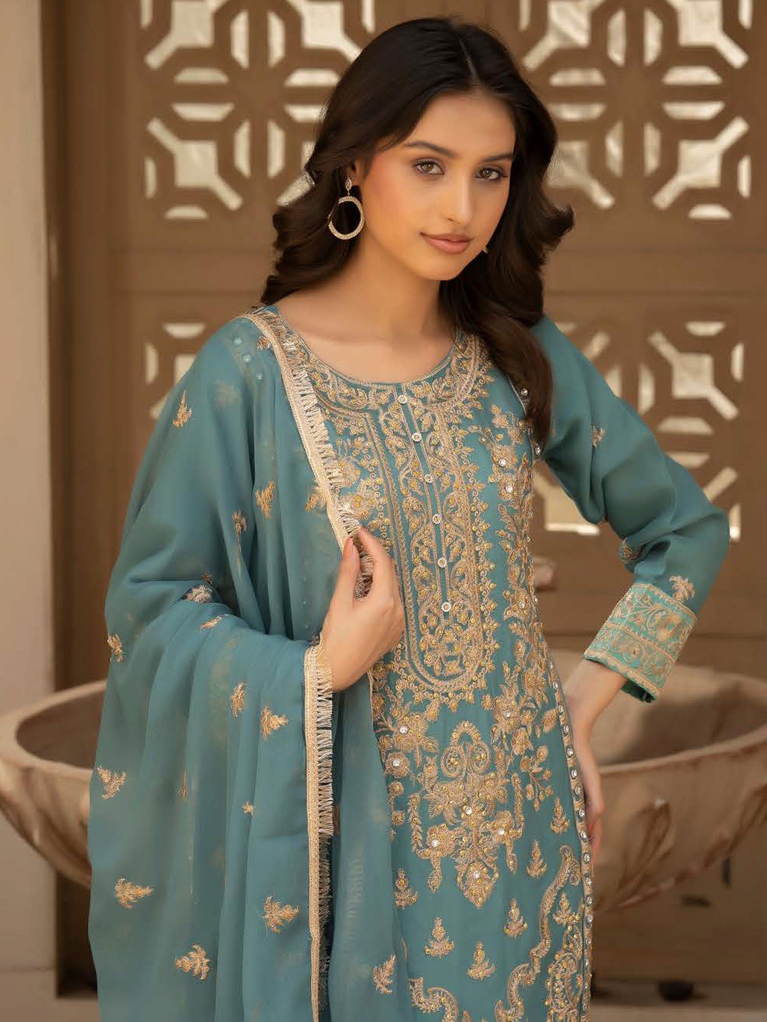 Rangz Chiffon Mother-Daughter Embroidered 3-Piece Suit - Sea Green