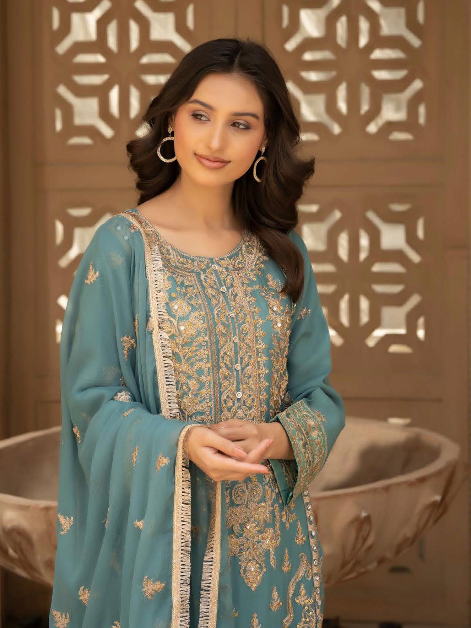 Rangz Chiffon Mother-Daughter Embroidered 3-Piece Suit - Sea Green