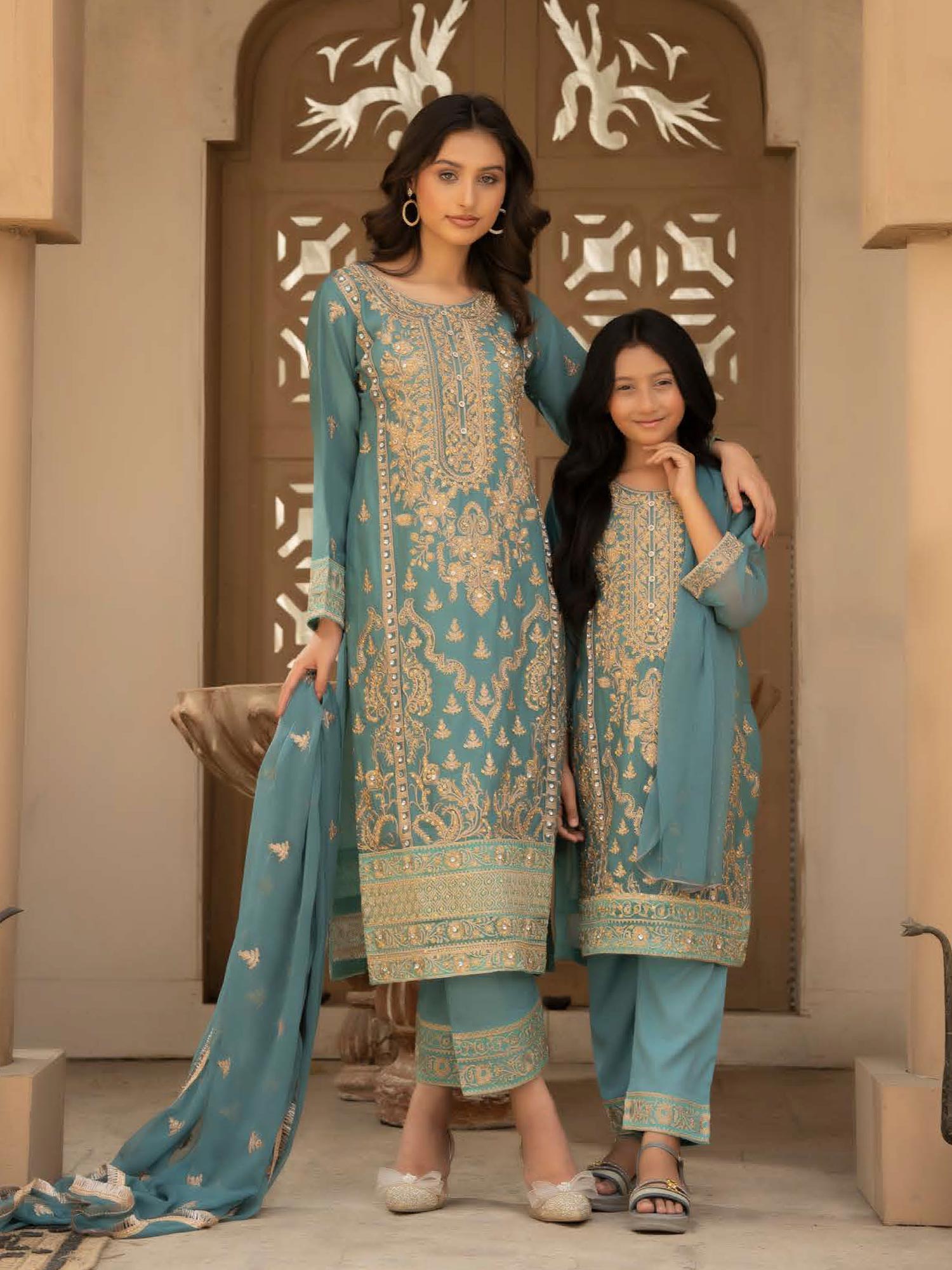 Rangz Chiffon Mother-Daughter Embroidered 3-Piece Suit - Sea Green