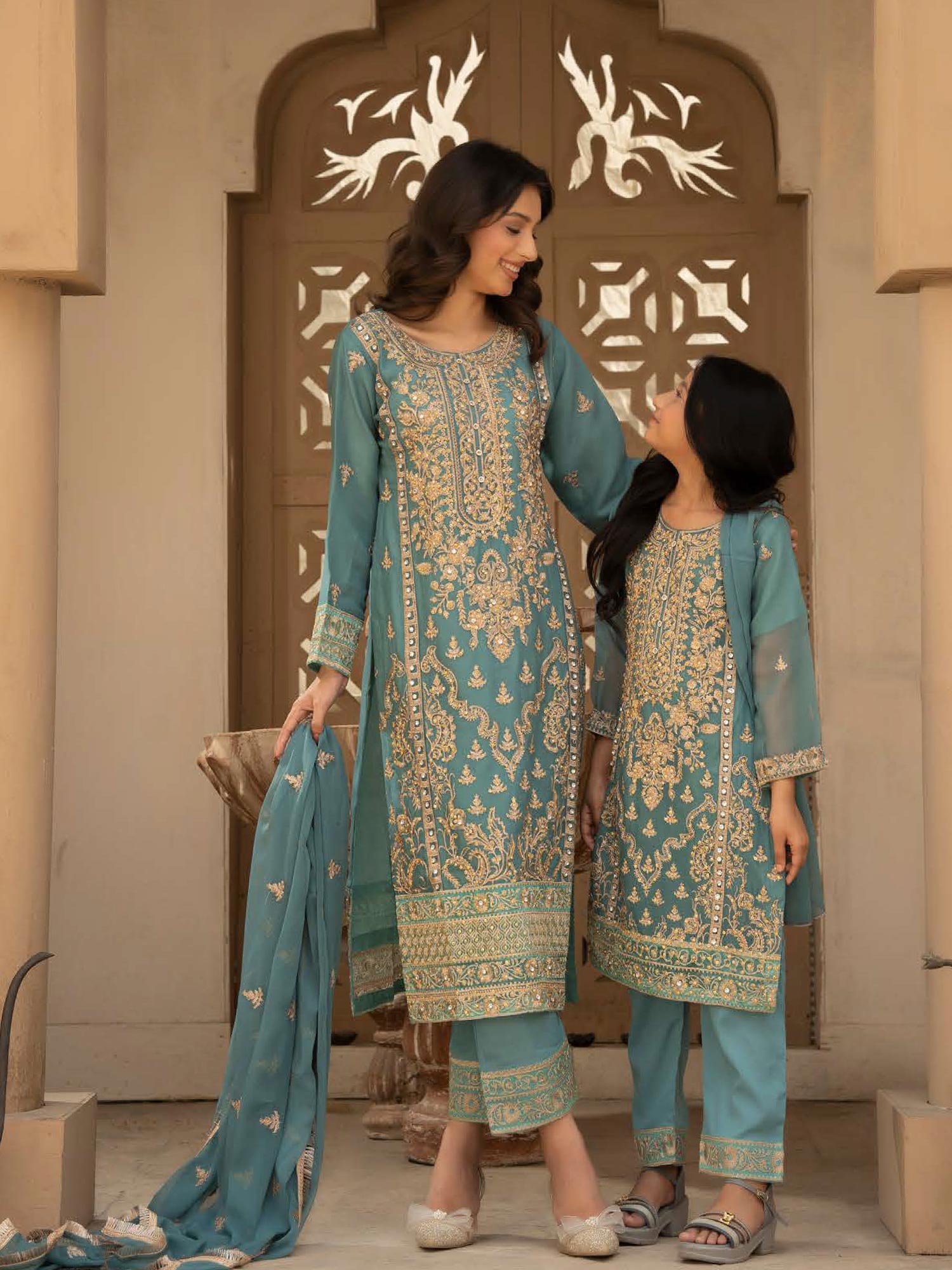 Rangz Chiffon Mother-Daughter Embroidered 3-Piece Suit - Sea Green