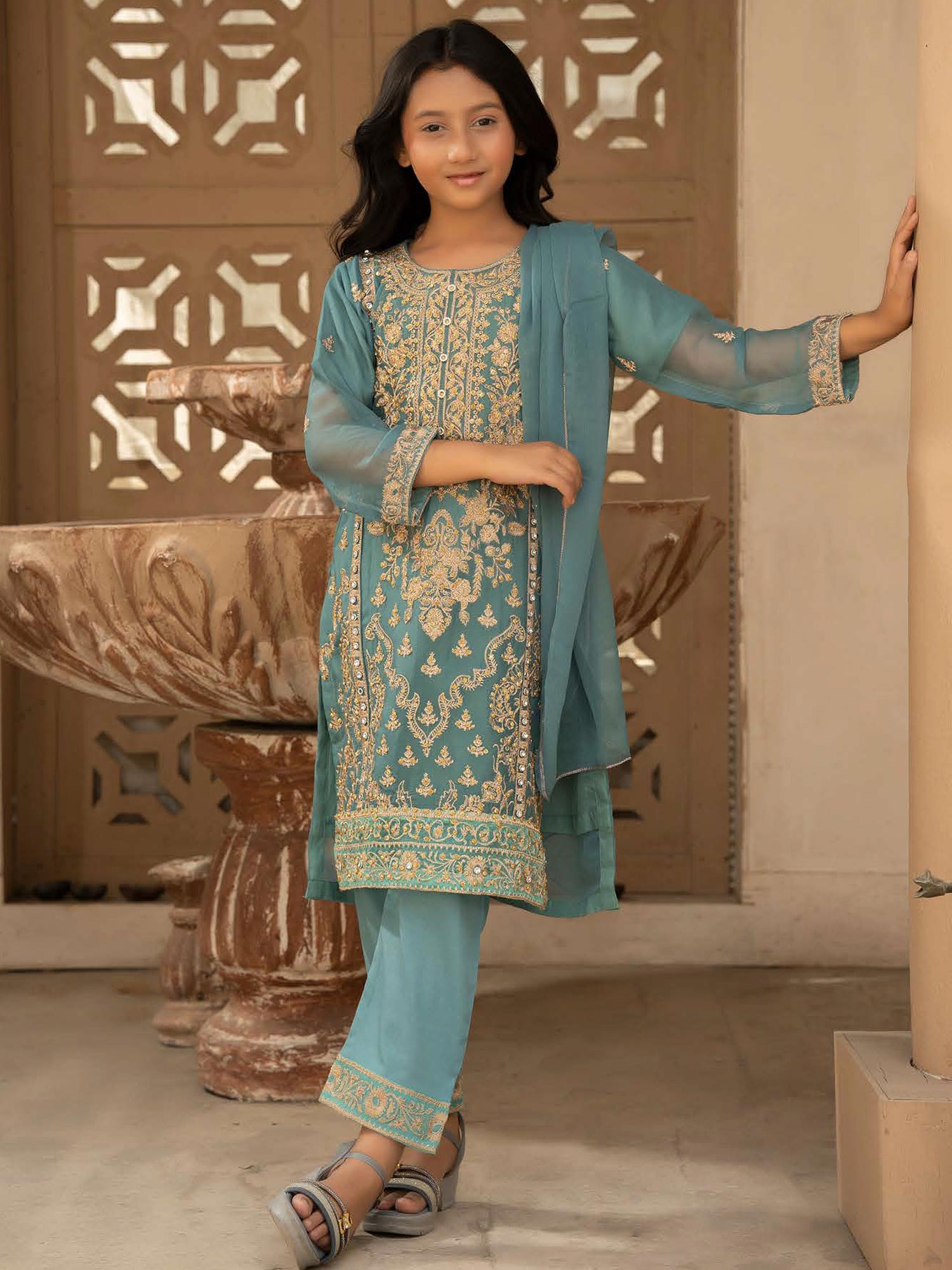 Rangz Chiffon Mother-Daughter Embroidered 3-Piece Suit - Sea Green