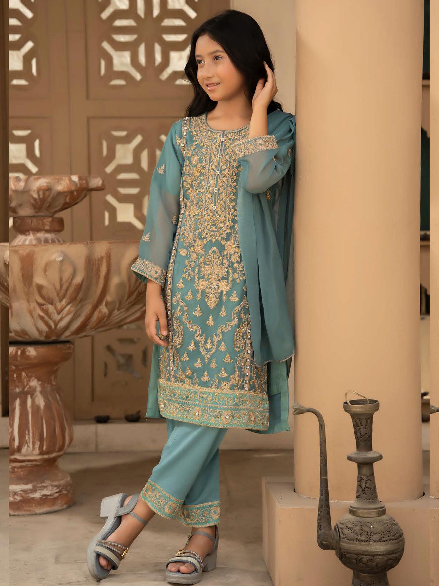 Rangz Chiffon Mother-Daughter Embroidered 3-Piece Suit - Sea Green