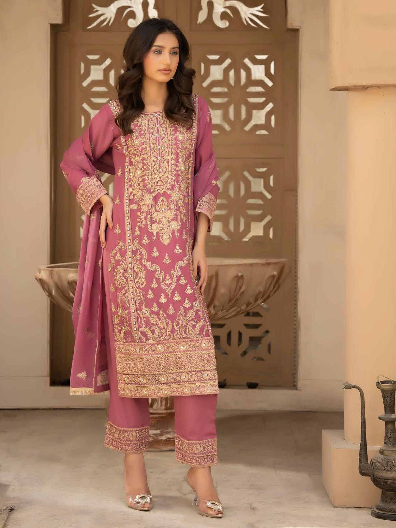 Rangz Chiffon Mother-Daughter Embroidered 3-Piece Suit - Pink