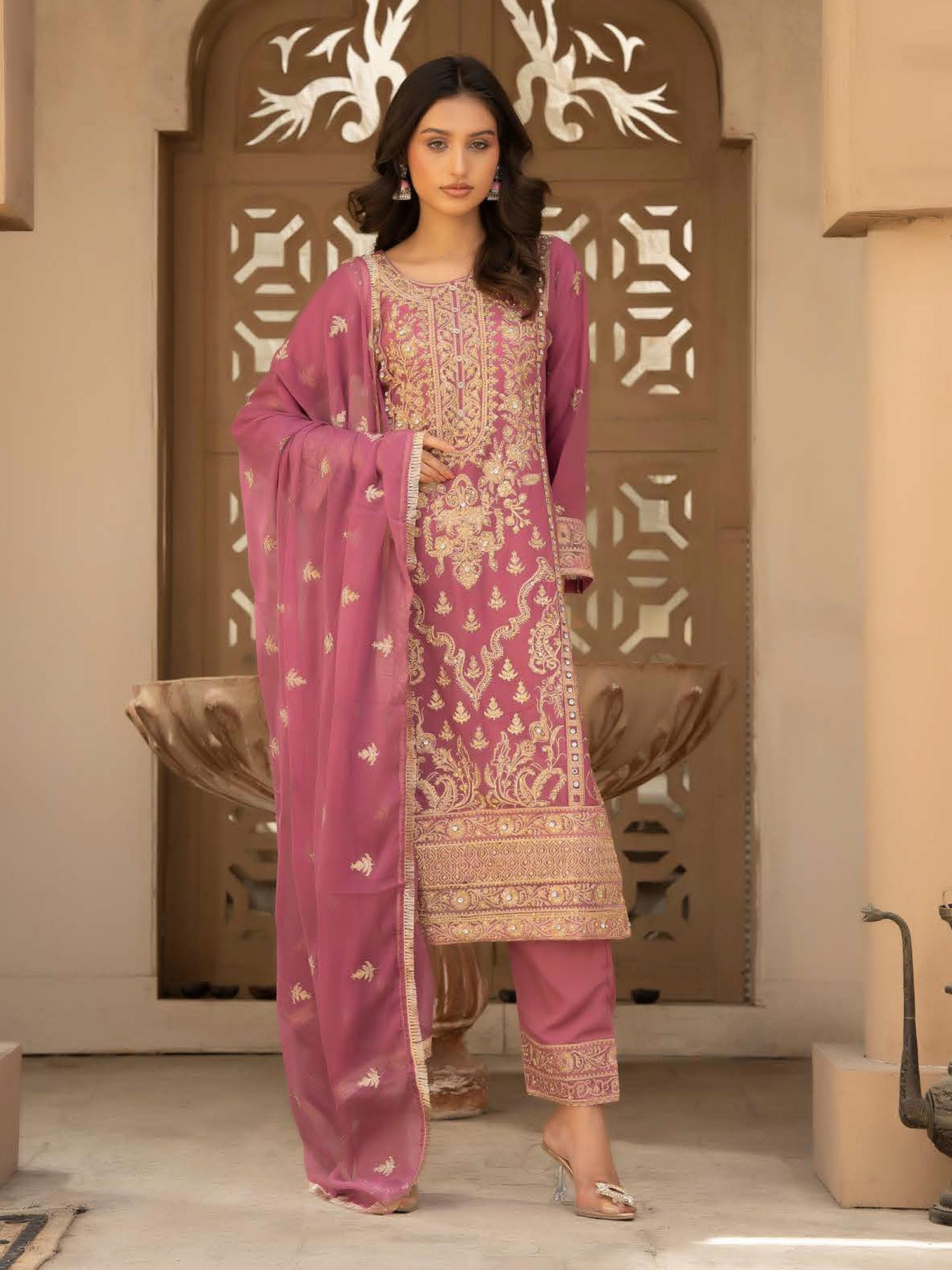 Rangz Chiffon Mother-Daughter Embroidered 3-Piece Suit - Pink