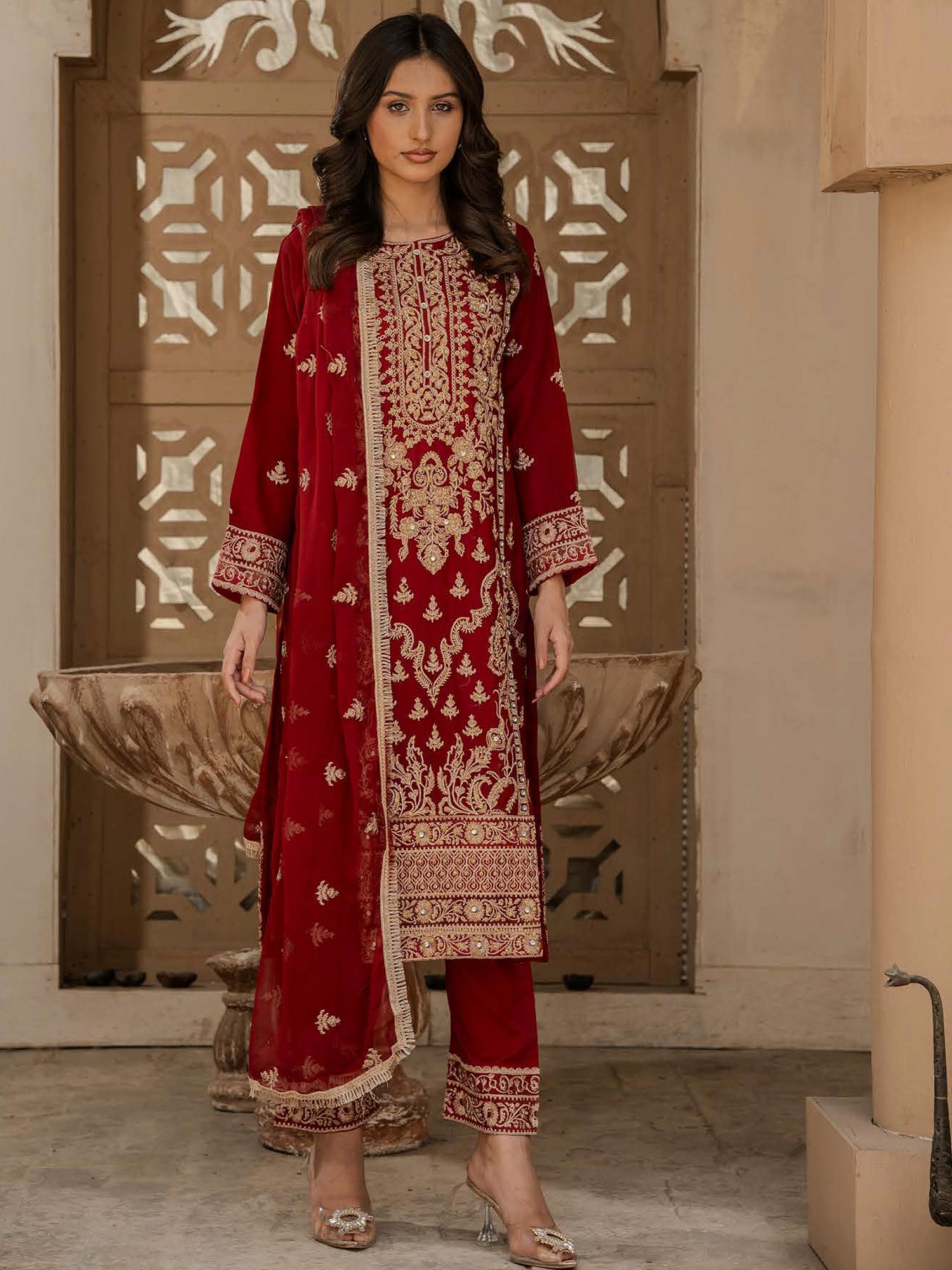 Rangz Chiffon Mother-Daughter Embroidered 3-Piece Suit - Red
