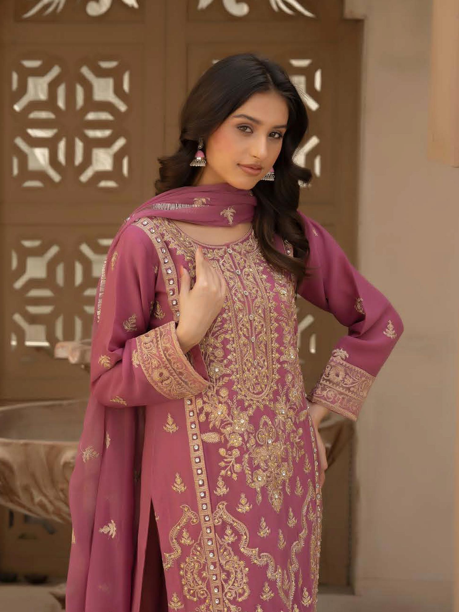 Rangz Chiffon Mother-Daughter Embroidered 3-Piece Suit - Pink