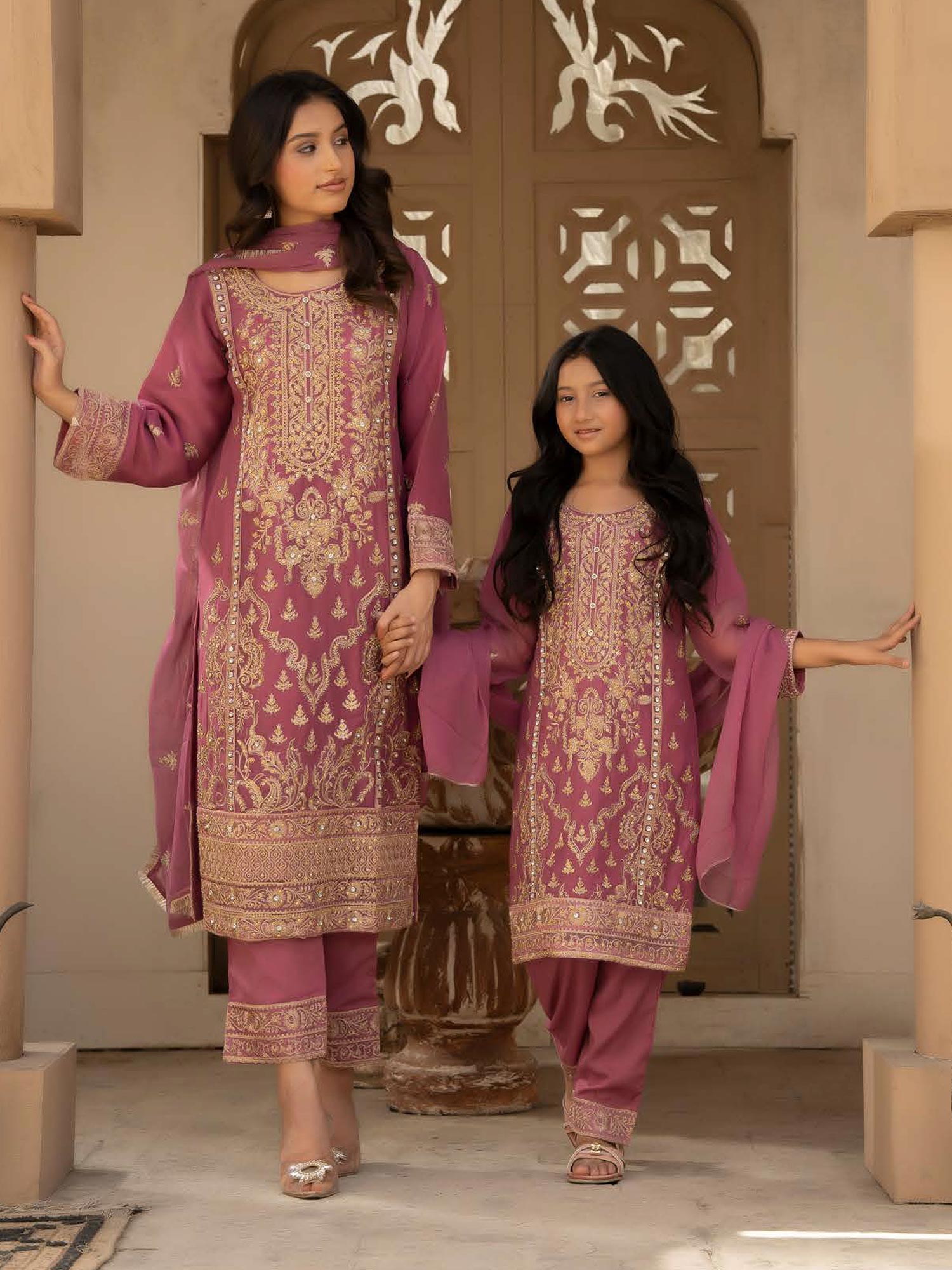 Rangz Chiffon Mother-Daughter Embroidered 3-Piece Suit - Pink