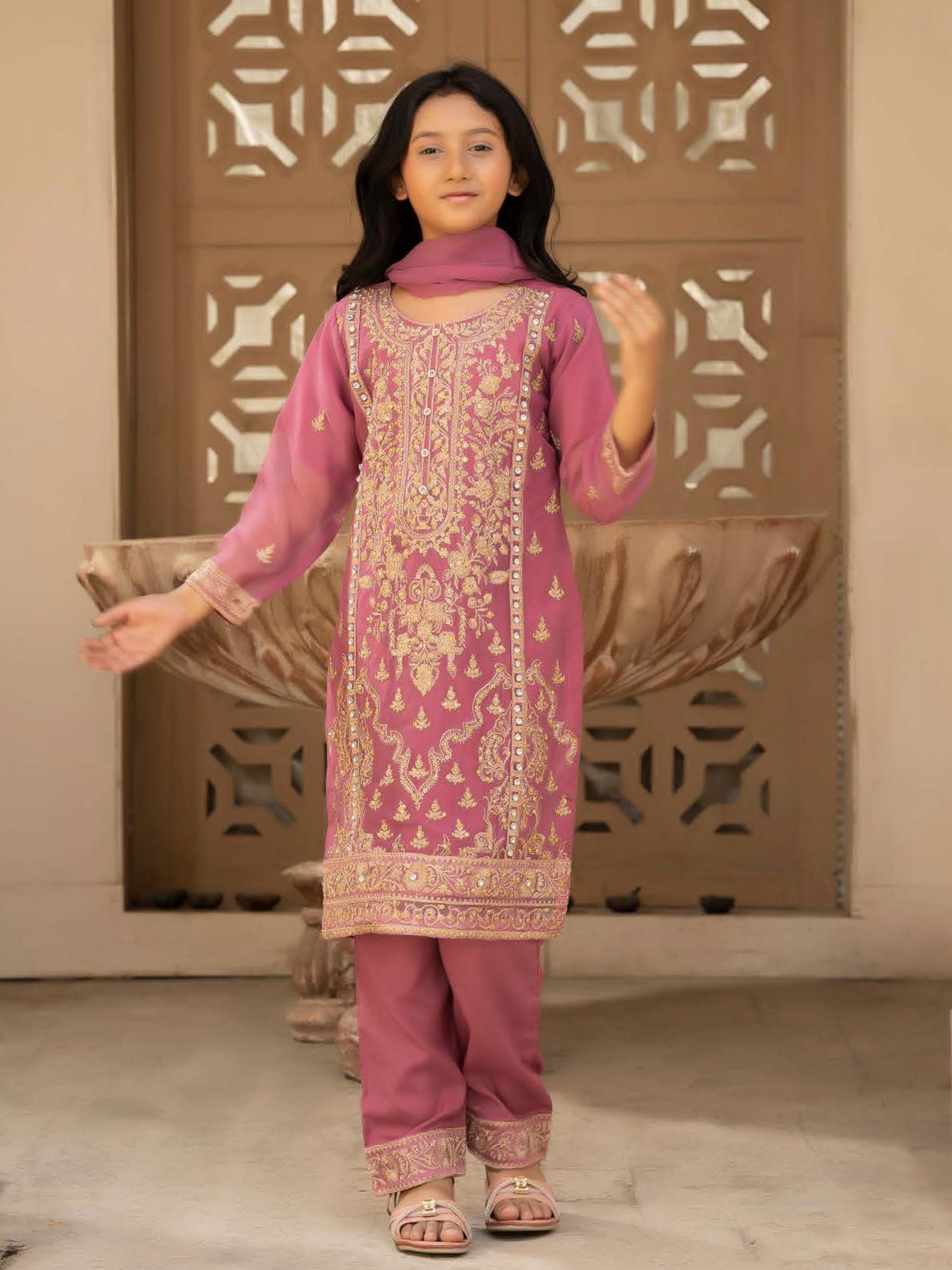 Rangz Chiffon Mother-Daughter Embroidered 3-Piece Suit - Pink