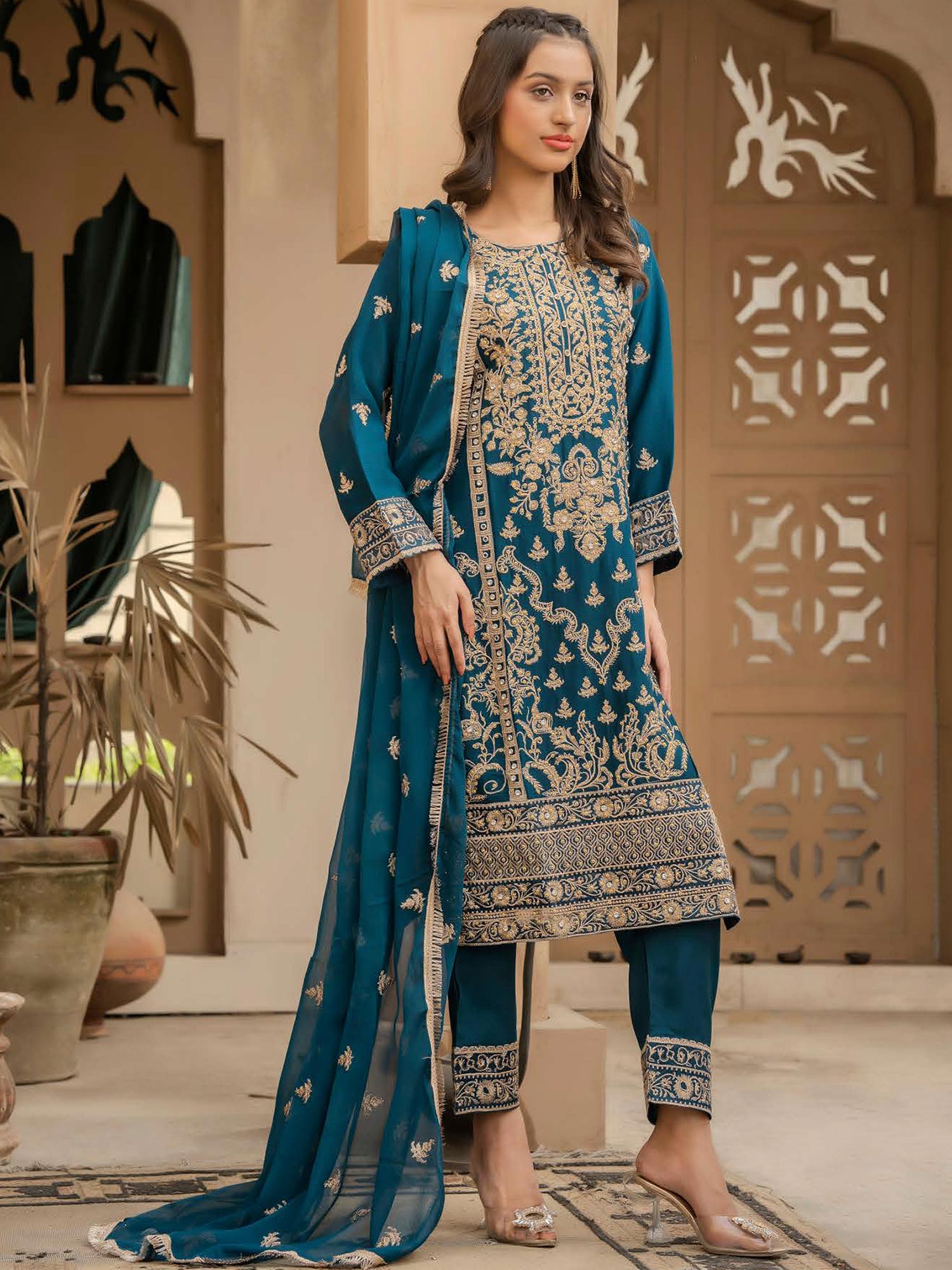 Rangz Chiffon Mother-Daughter Embroidered 3-Piece Suit - Teal