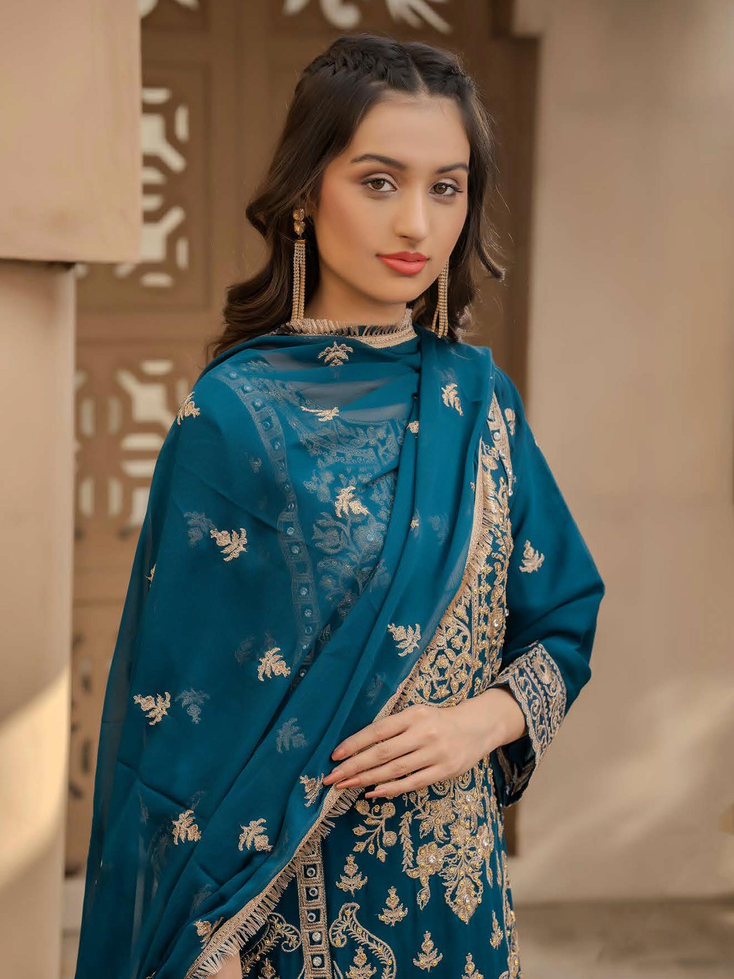 Rangz Chiffon Mother-Daughter Embroidered 3-Piece Suit - Teal