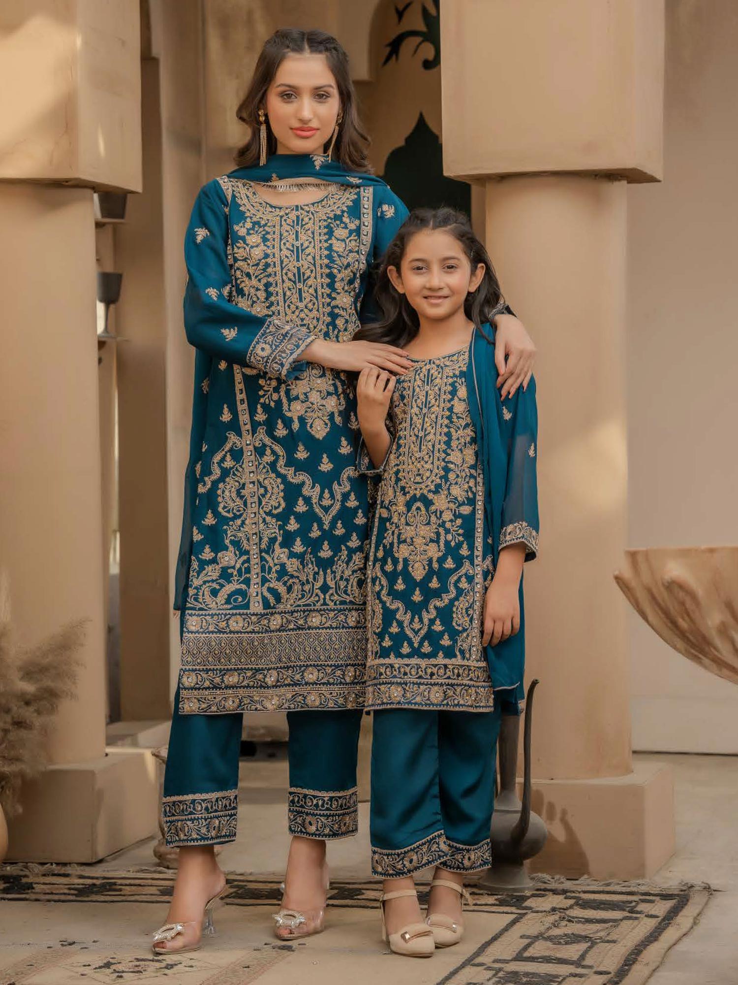 Rangz Chiffon Mother-Daughter Embroidered 3-Piece Suit - Teal
