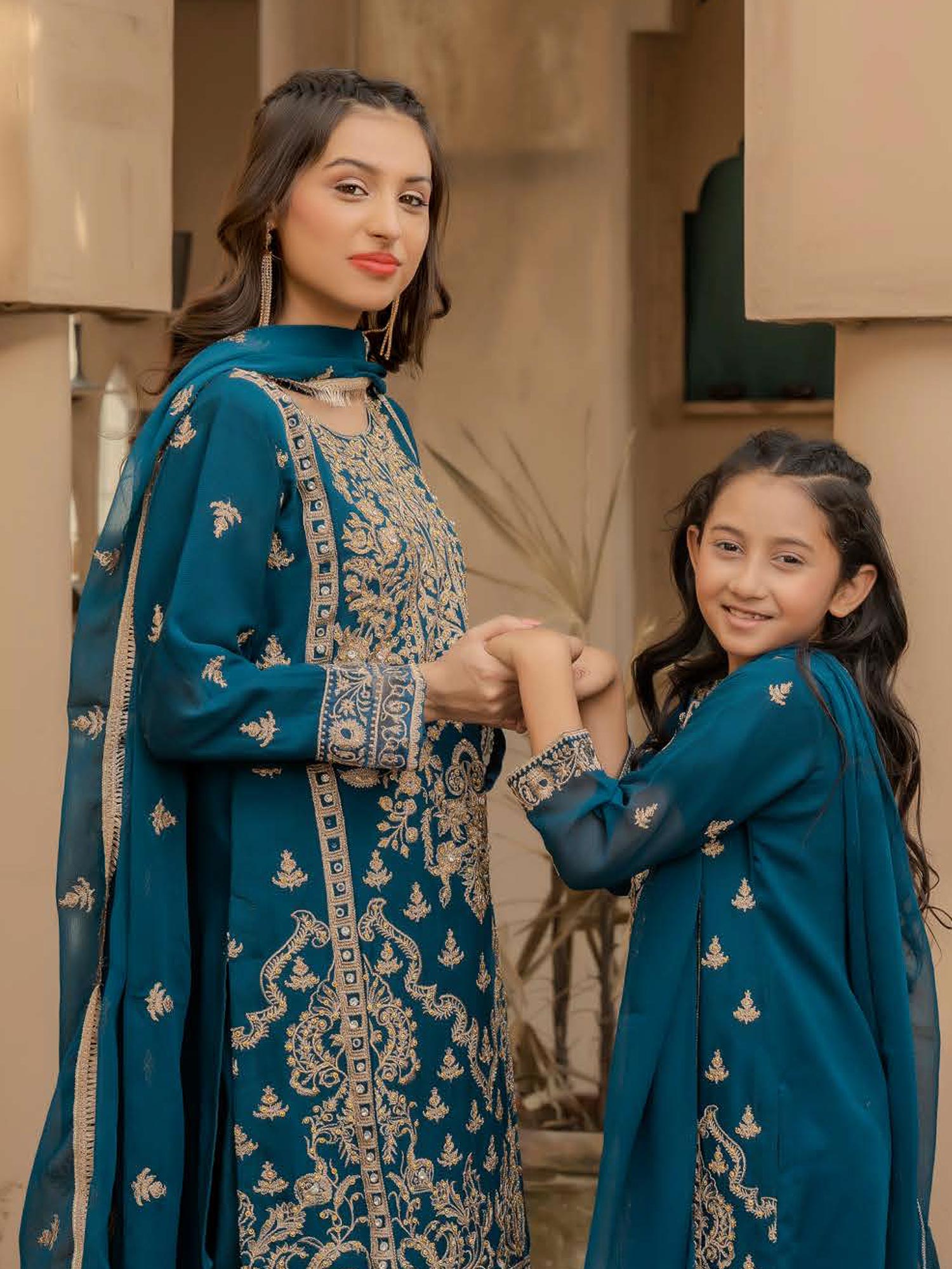 Rangz Chiffon Mother-Daughter Embroidered 3-Piece Suit - Teal