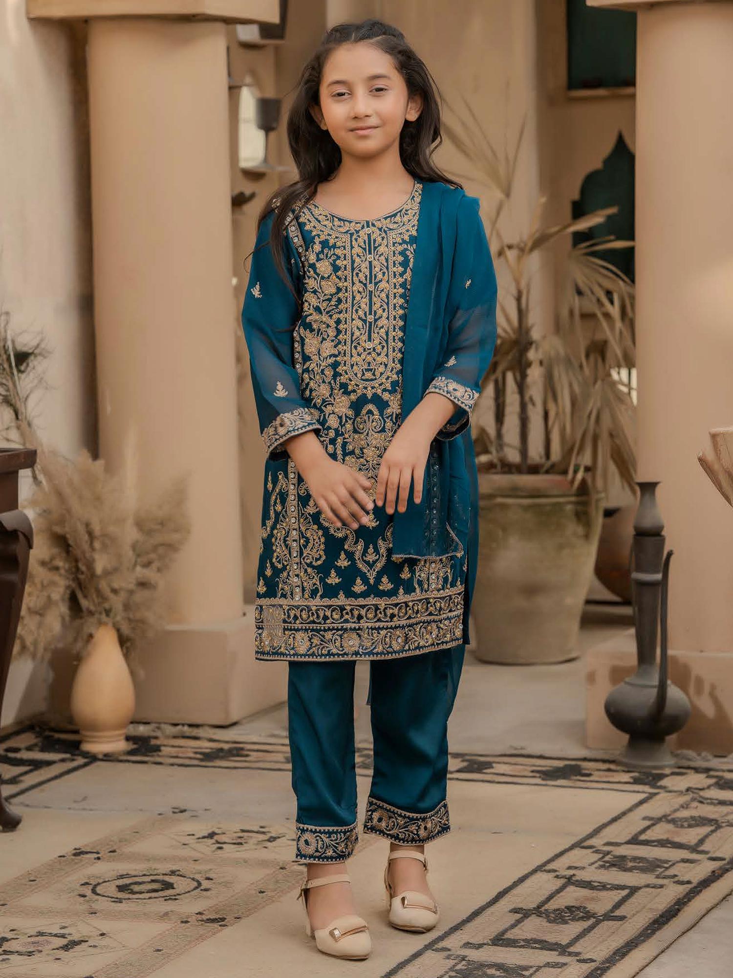 Rangz Chiffon Mother-Daughter Embroidered 3-Piece Suit - Teal