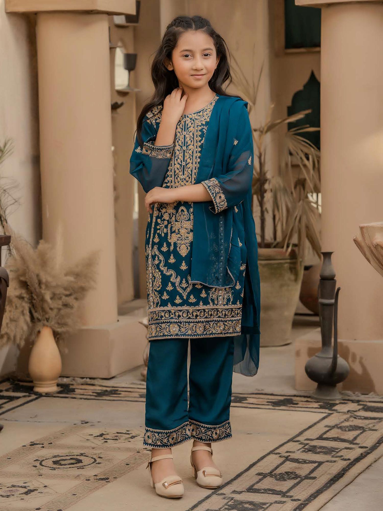 Rangz Chiffon Mother-Daughter Embroidered 3-Piece Suit - Teal
