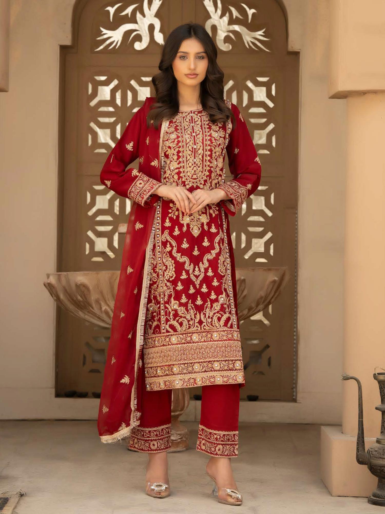 Rangz Chiffon Mother-Daughter Embroidered 3-Piece Suit - Red
