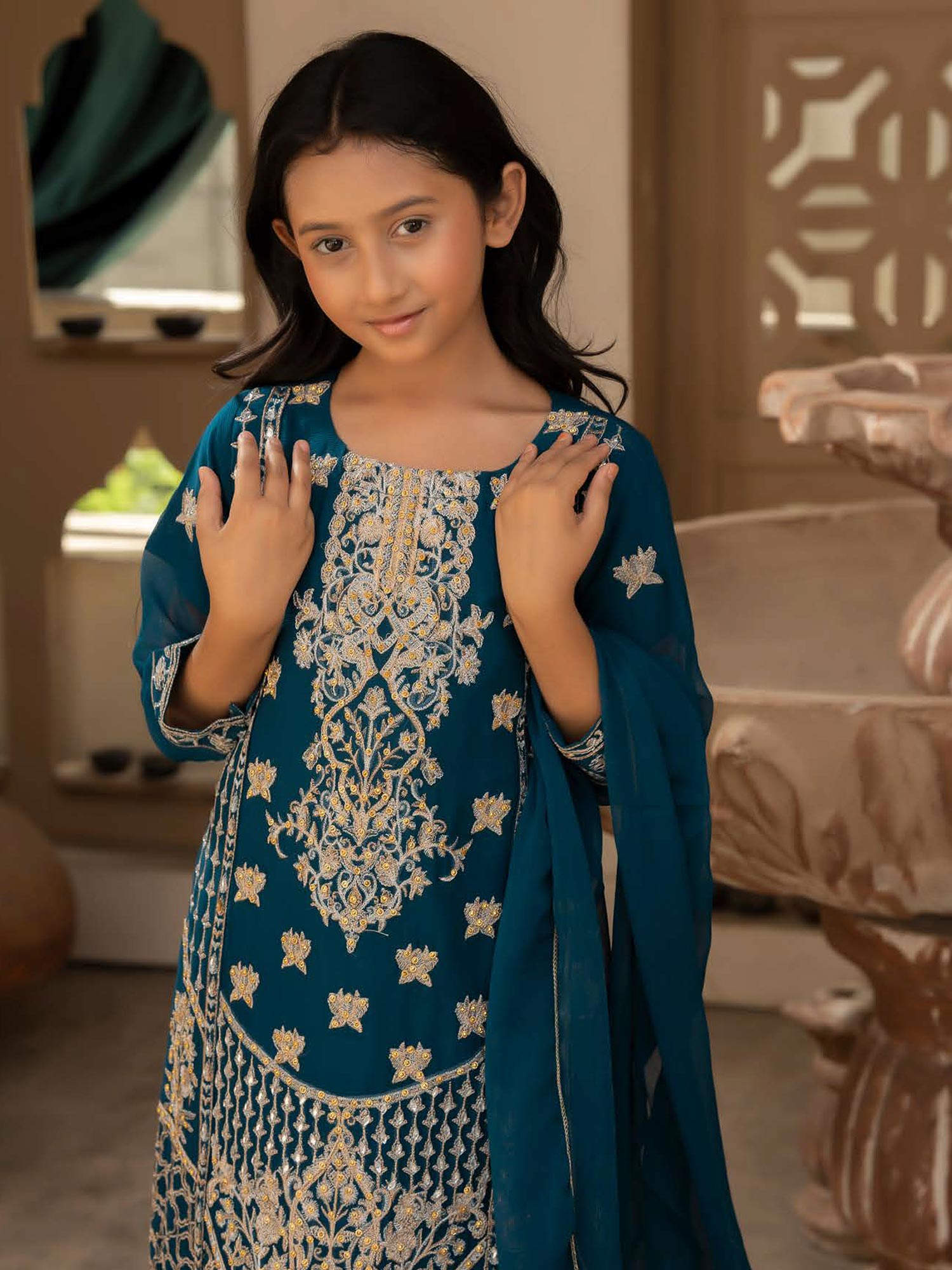 Rangz Chiffon Mother-Daughter Embroidered 3-Piece Suit - Teal