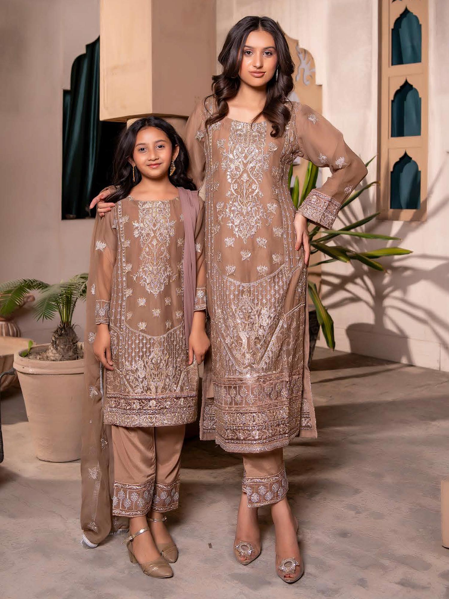 Rangz Chiffon Mother-Daughter Embroidered 3-Piece Suit - Brown