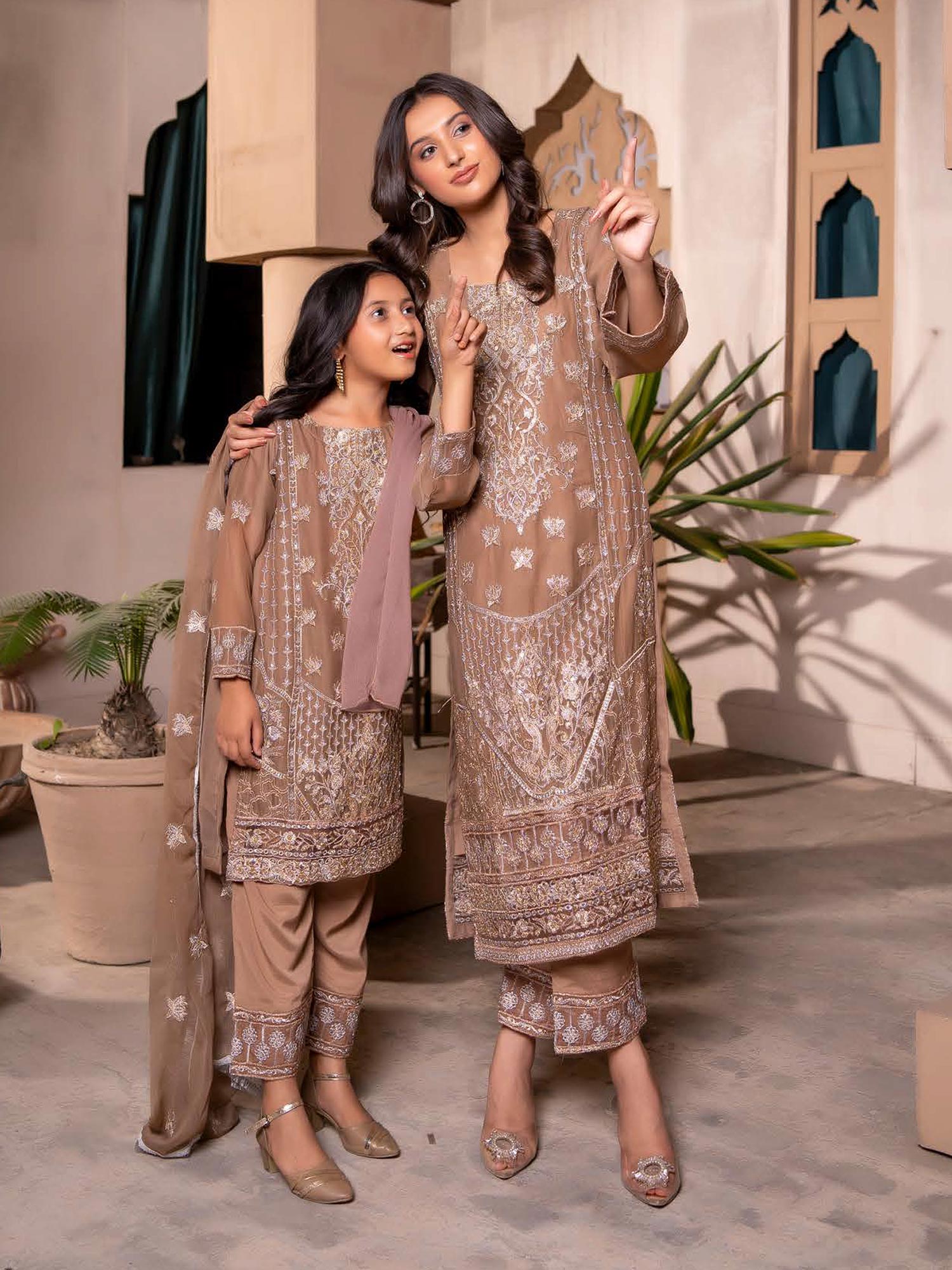 Rangz Chiffon Mother-Daughter Embroidered 3-Piece Suit - Brown