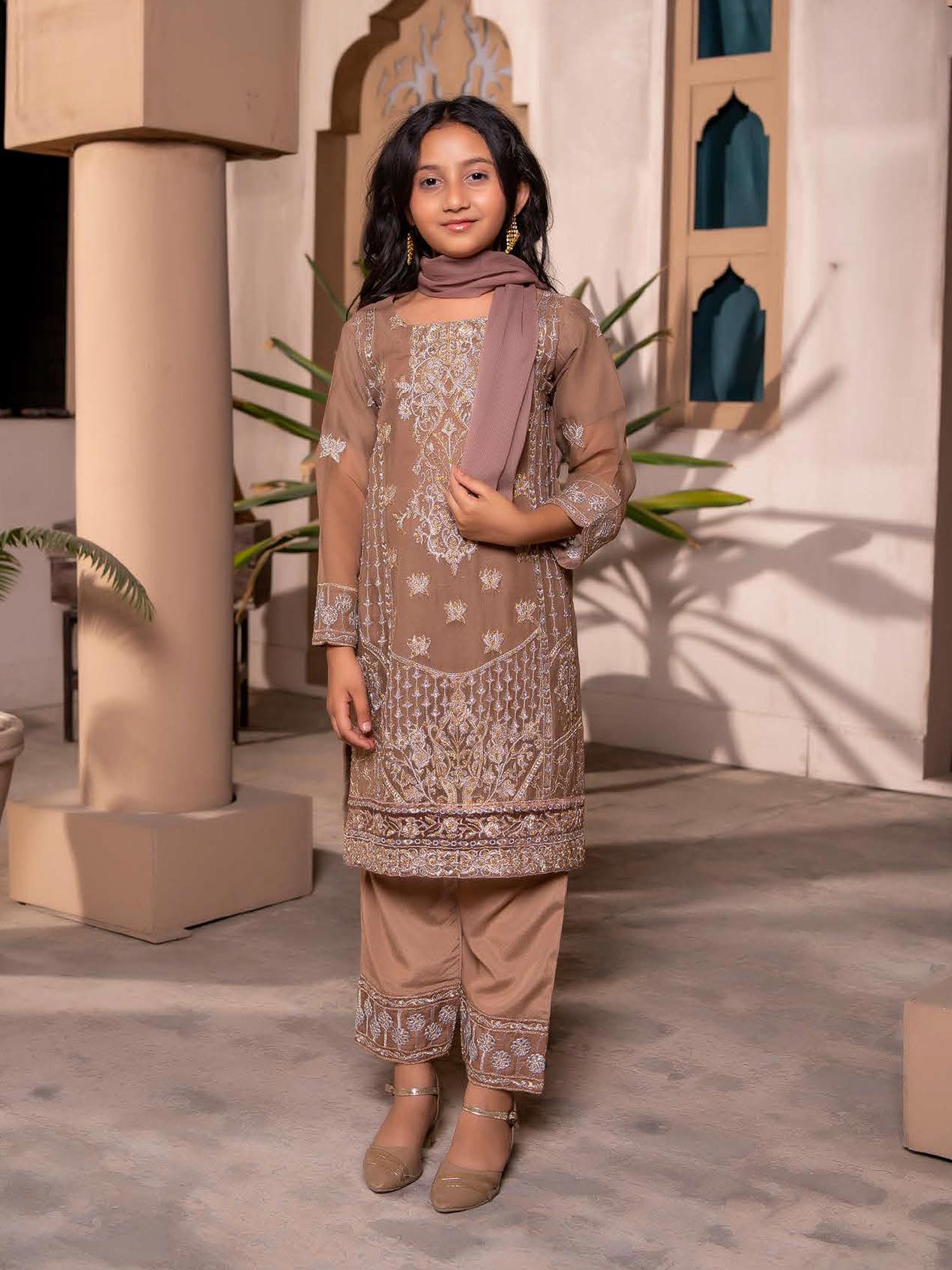 Rangz Chiffon Mother-Daughter Embroidered 3-Piece Suit - Brown