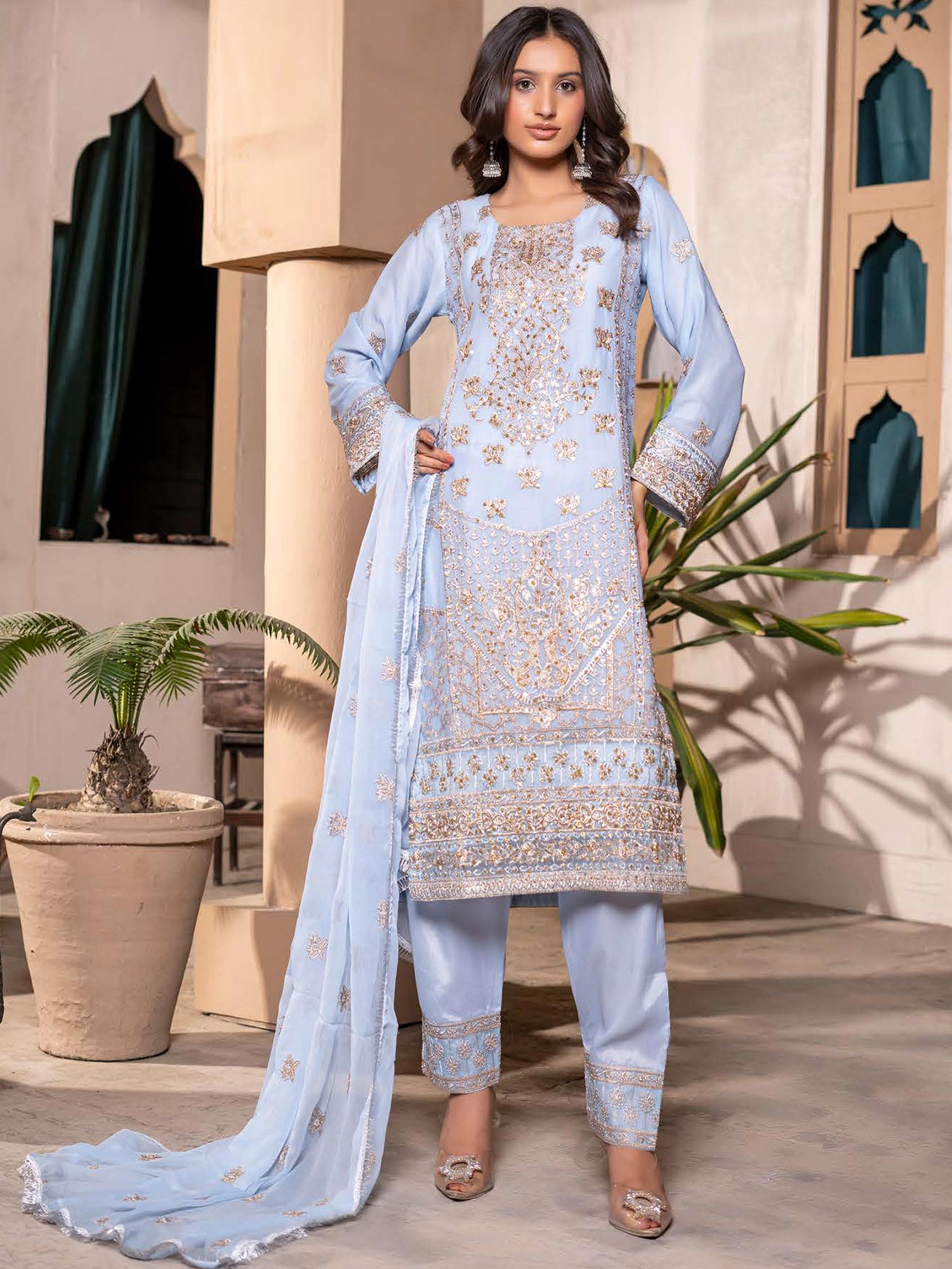 Rangz Chiffon Mother-Daughter Embroidered 3-Piece Suit - Ice Blue