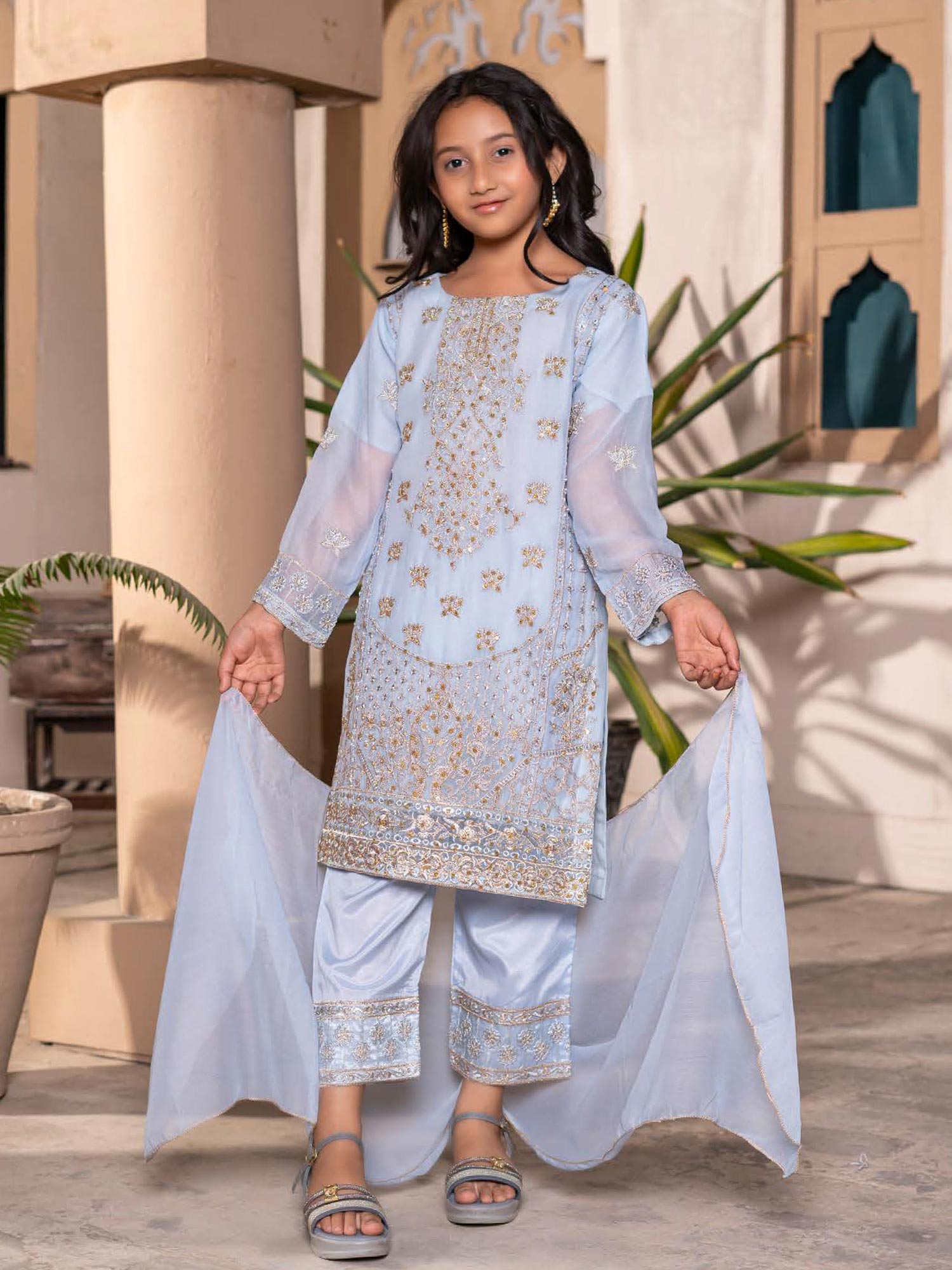 Rangz Chiffon Mother-Daughter Embroidered 3-Piece Suit - Ice Blue
