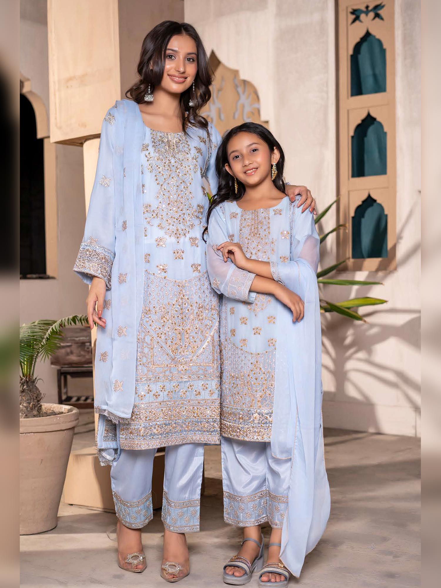 Rangz Chiffon Mother-Daughter Embroidered 3-Piece Suit - Ice Blue