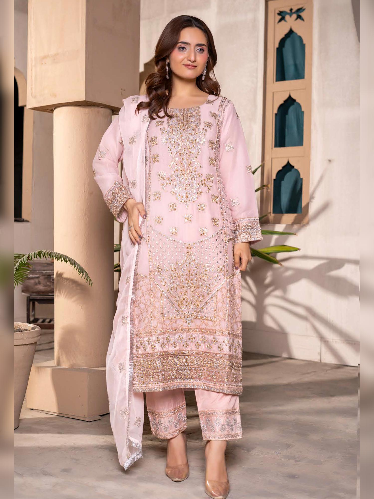 Rangz Chiffon Mother-Daughter Embroidered 3-Piece Suit - Pink