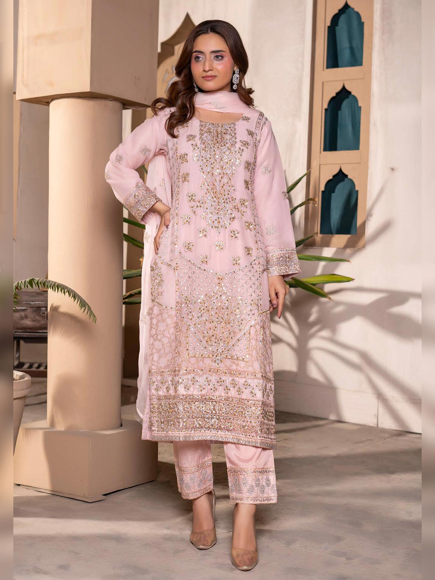 Rangz Chiffon Mother-Daughter Embroidered 3-Piece Suit - Pink