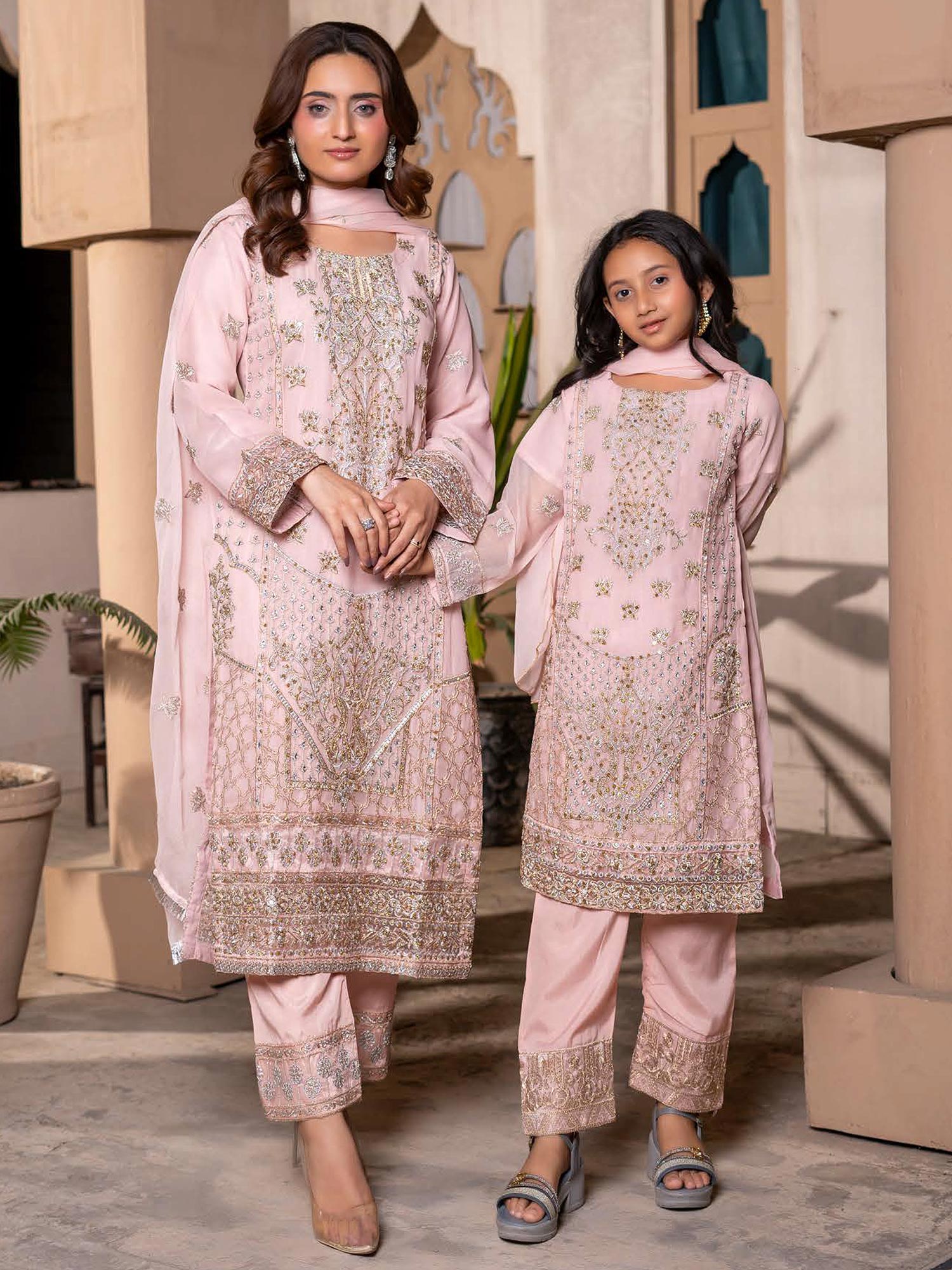 Rangz Chiffon Mother-Daughter Embroidered 3-Piece Suit - Pink