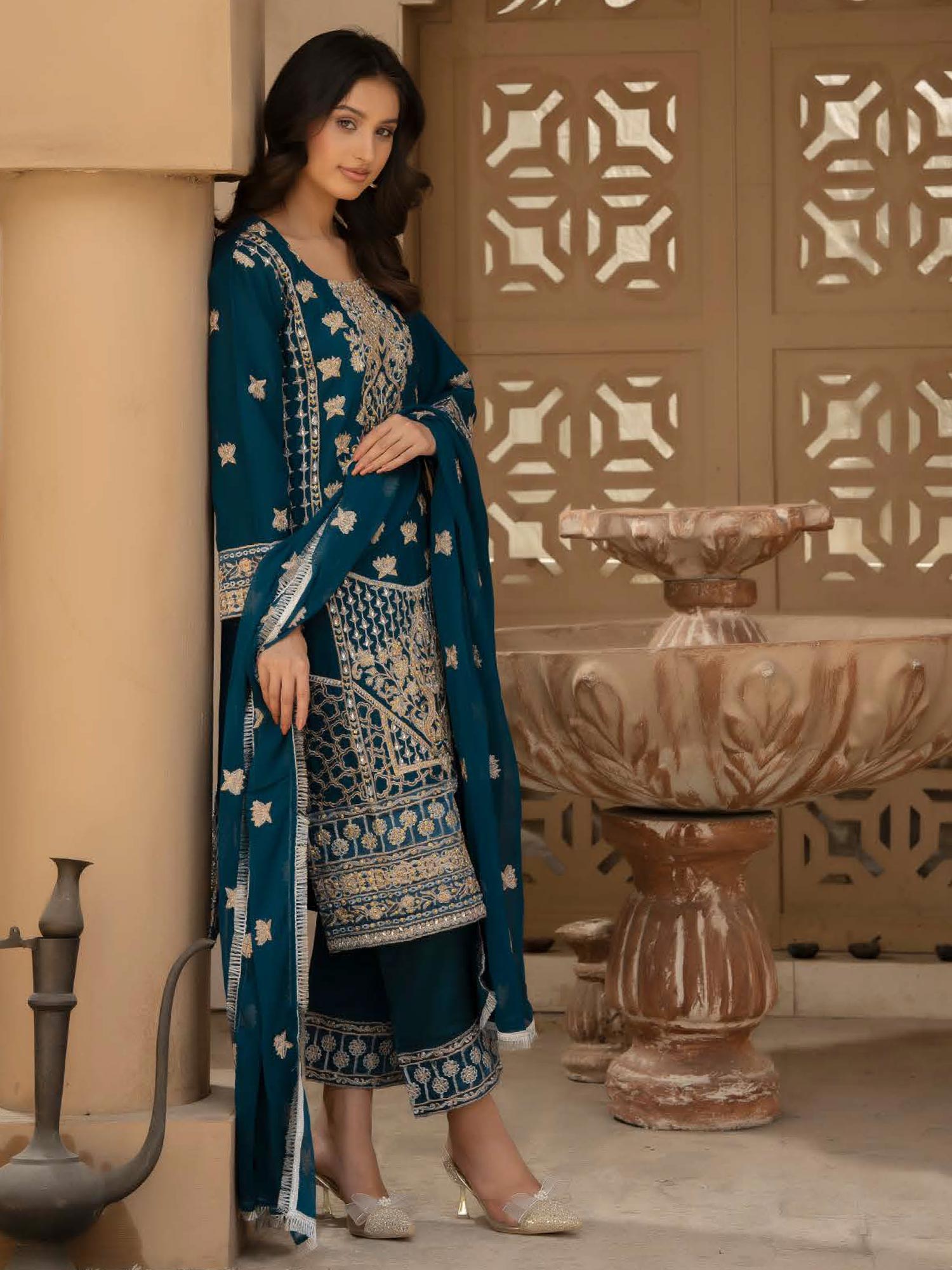 Rangz Chiffon Mother-Daughter Embroidered 3-Piece Suit - Teal