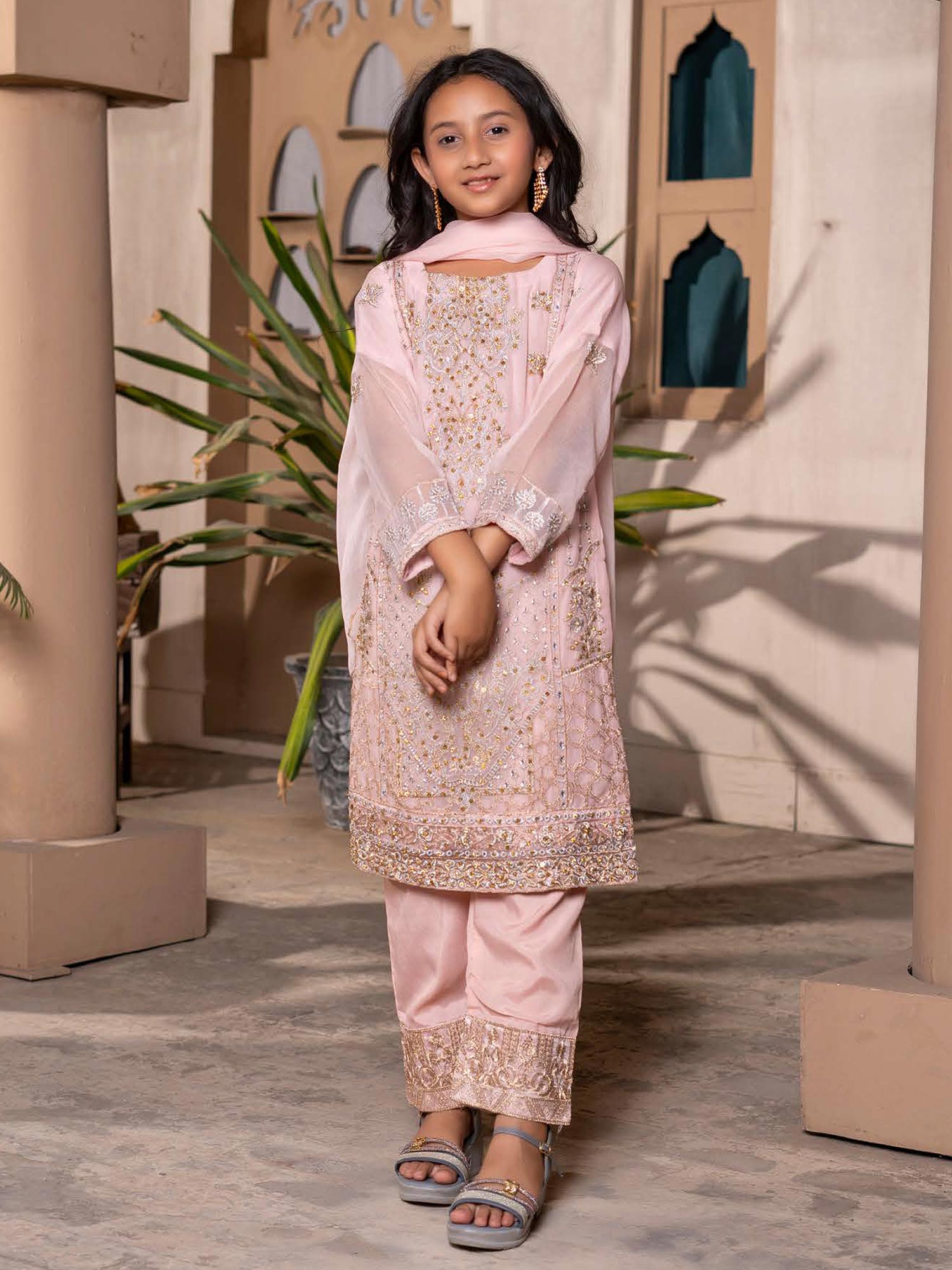 Rangz Chiffon Mother-Daughter Embroidered 3-Piece Suit - Pink
