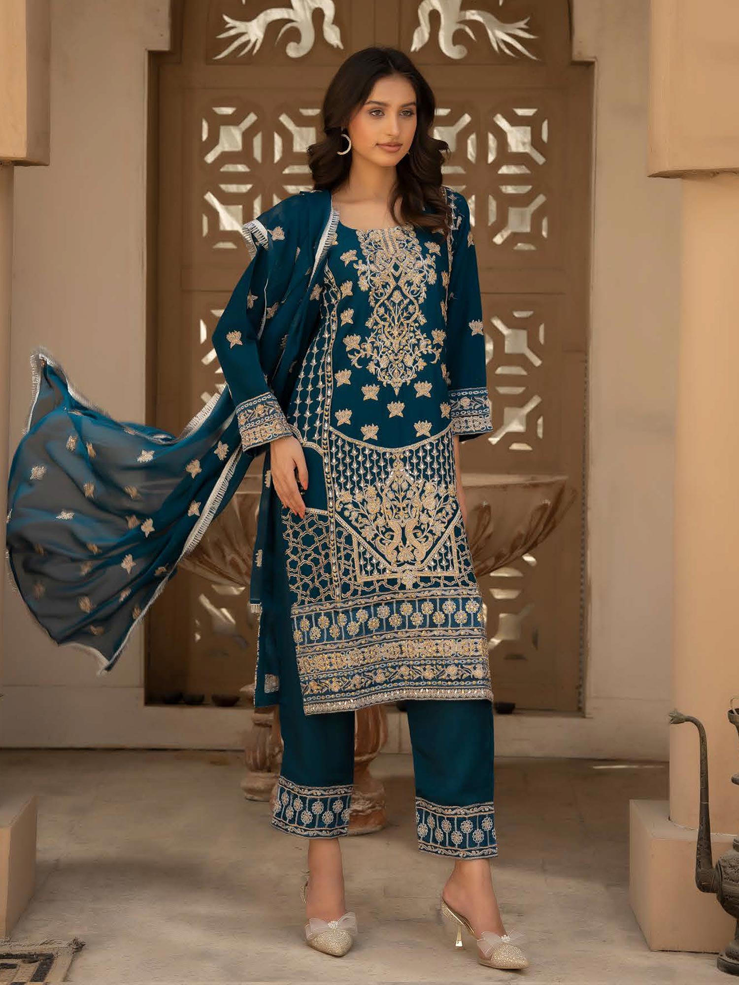 Rangz Chiffon Mother-Daughter Embroidered 3-Piece Suit - Teal