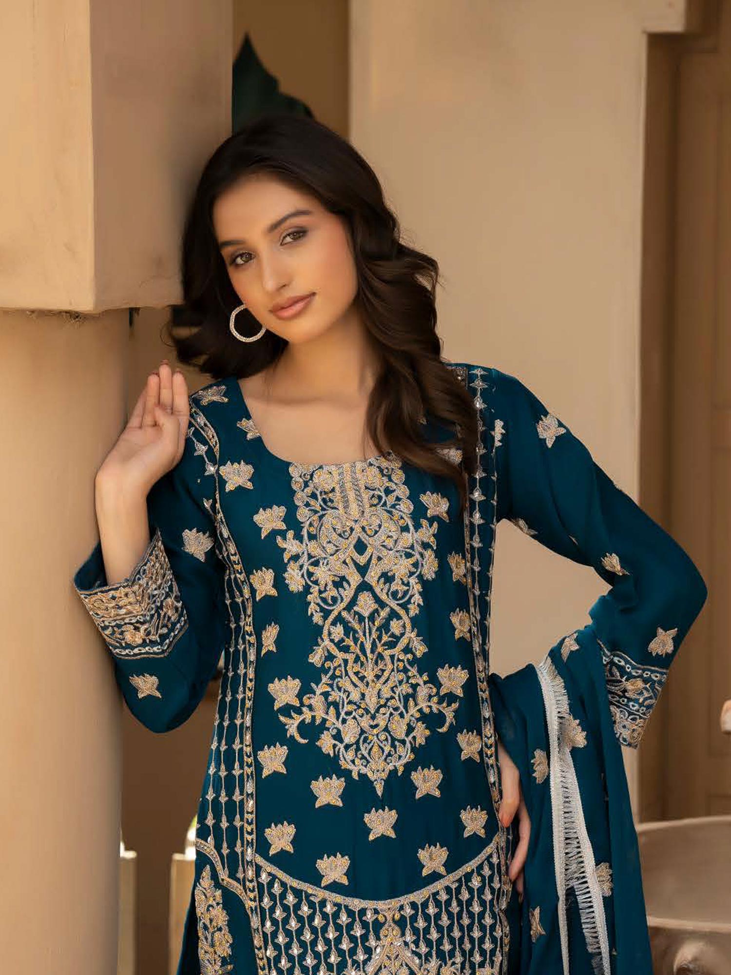 Rangz Chiffon Mother-Daughter Embroidered 3-Piece Suit - Teal