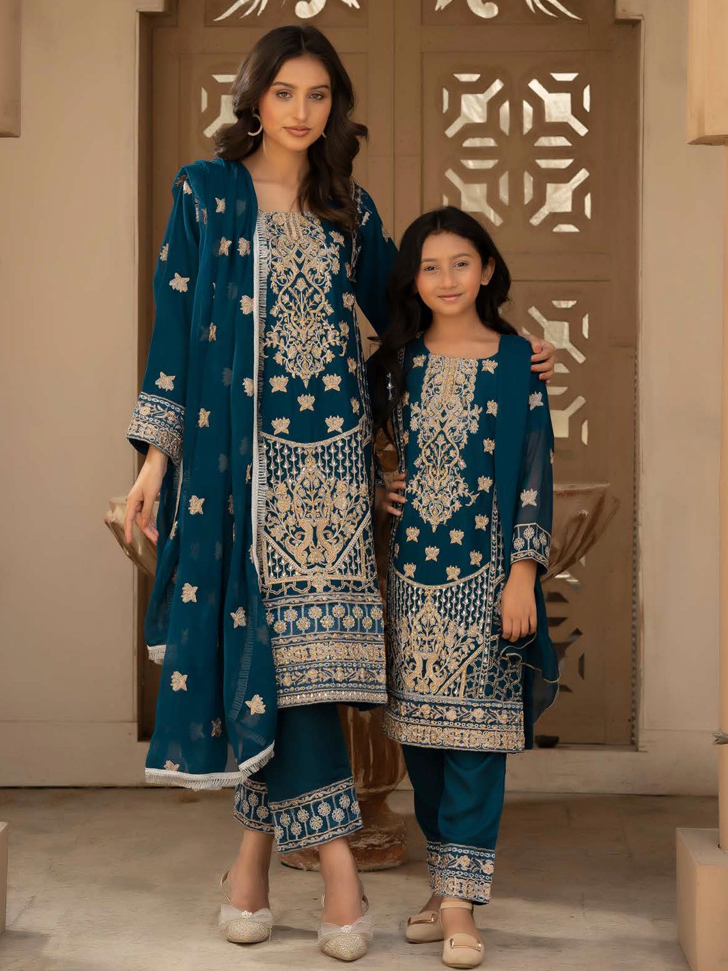 Rangz Chiffon Mother-Daughter Embroidered 3-Piece Suit - Teal