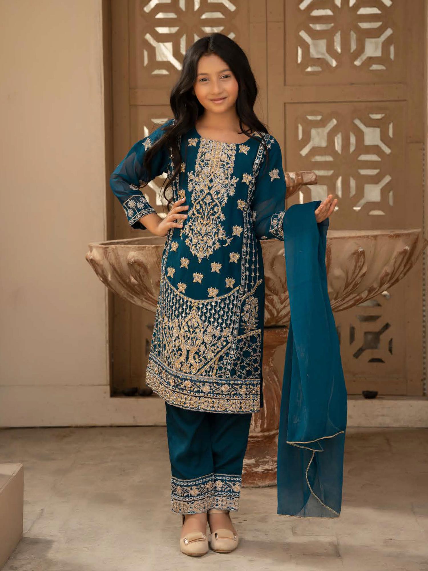 Rangz Chiffon Mother-Daughter Embroidered 3-Piece Suit - Teal