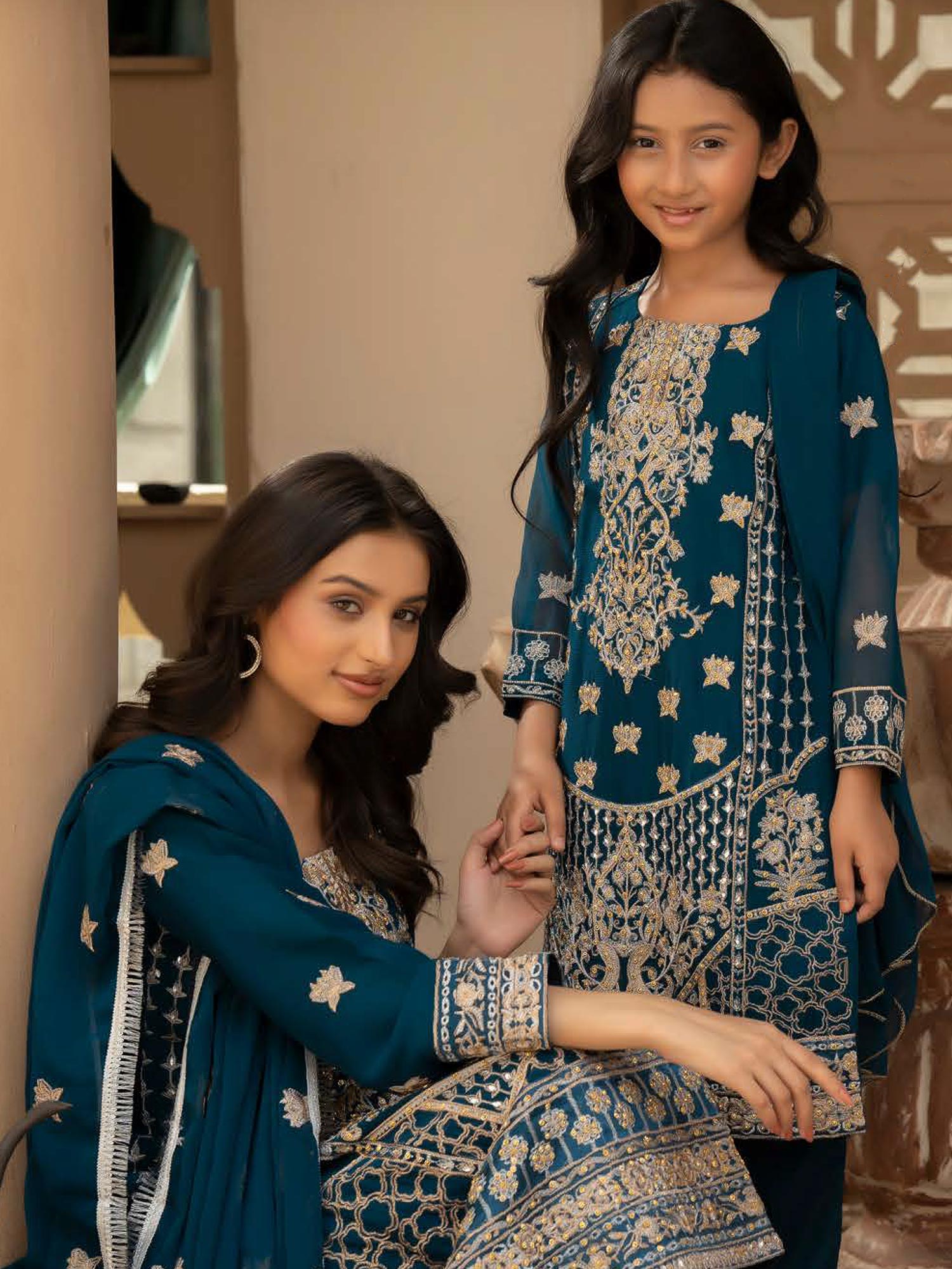Rangz Chiffon Mother-Daughter Embroidered 3-Piece Suit - Teal