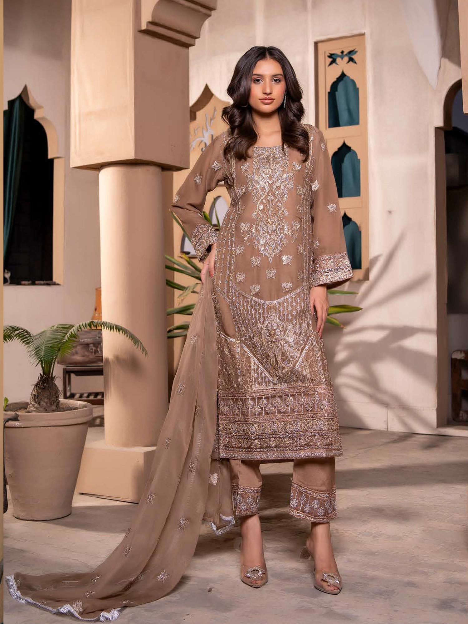 Rangz Chiffon Mother-Daughter Embroidered 3-Piece Suit - Brown