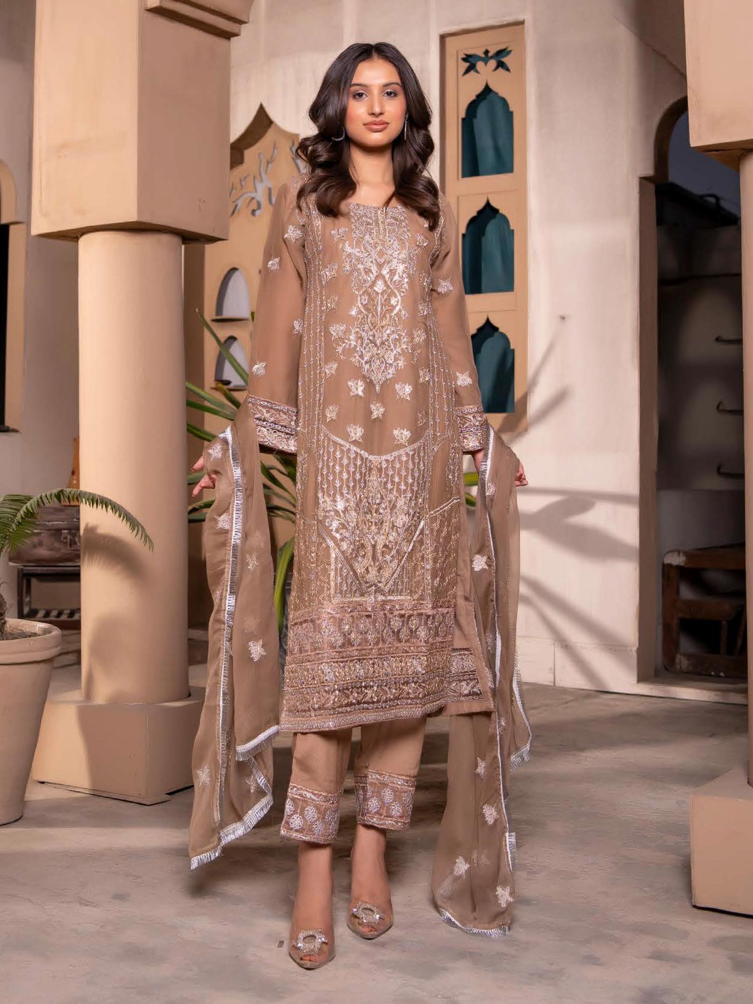 Rangz Chiffon Mother-Daughter Embroidered 3-Piece Suit - Brown