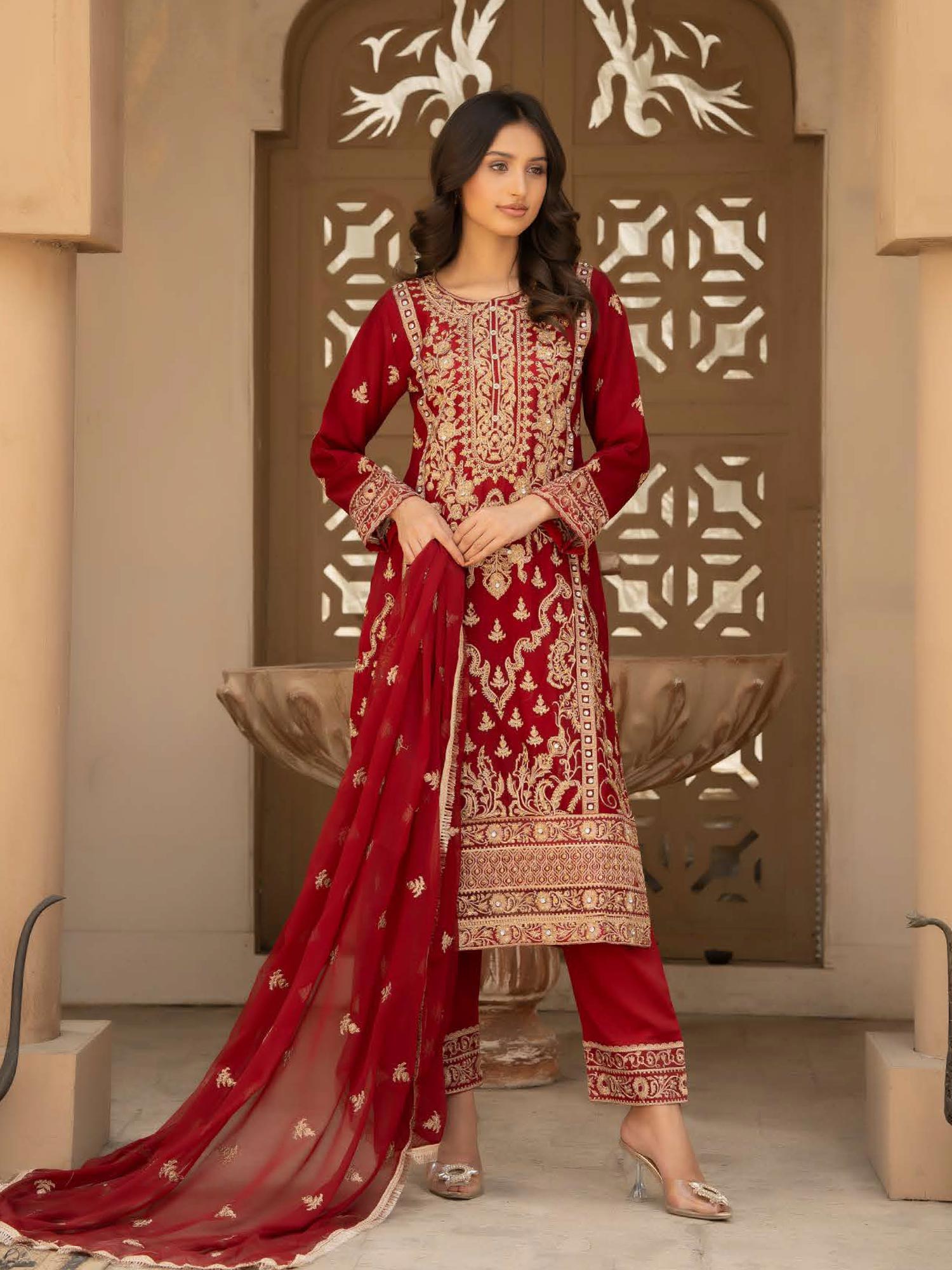 Rangz Chiffon Mother-Daughter Embroidered 3-Piece Suit - Red