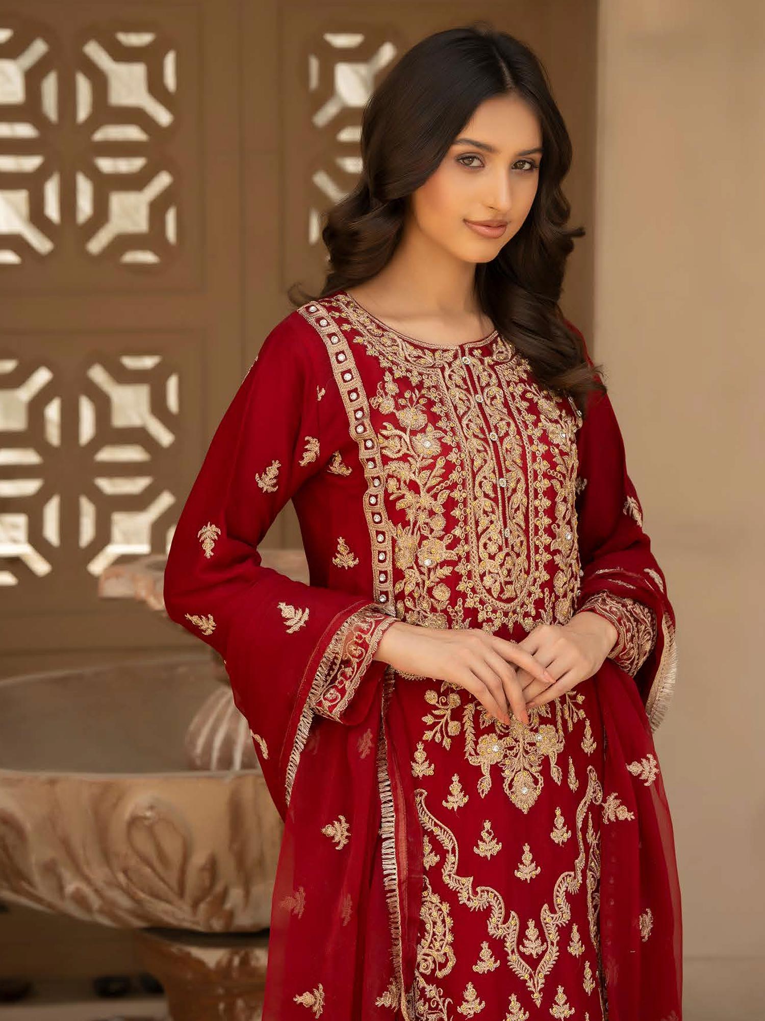 Rangz Chiffon Mother-Daughter Embroidered 3-Piece Suit - Red