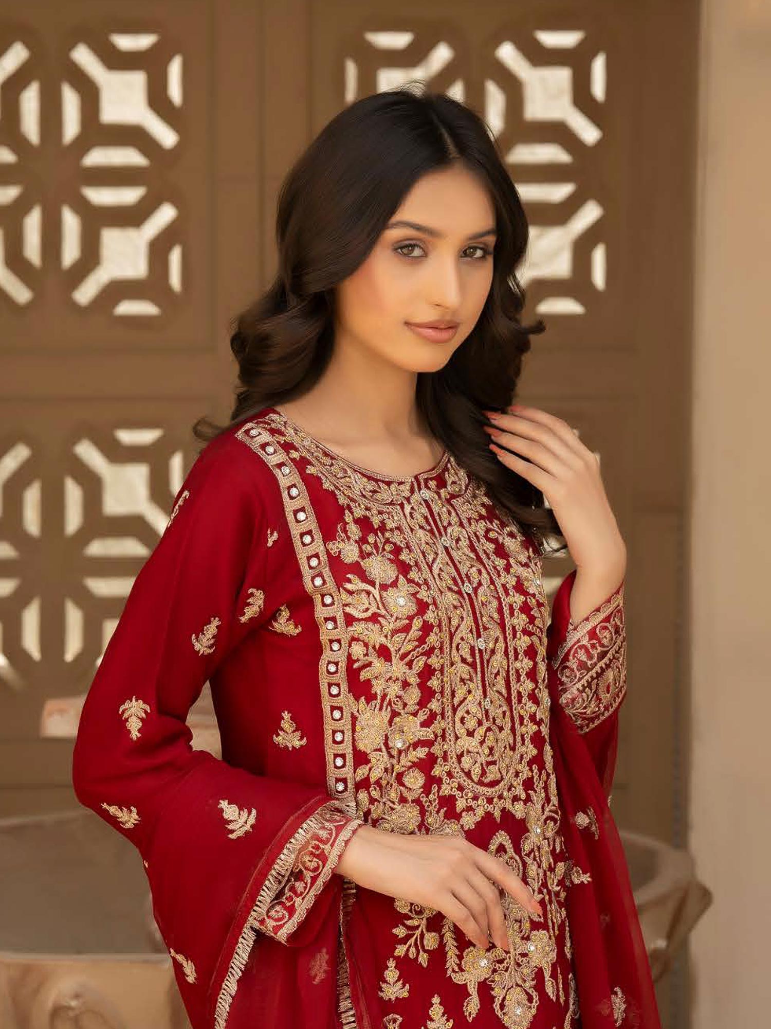 Rangz Chiffon Mother-Daughter Embroidered 3-Piece Suit - Red