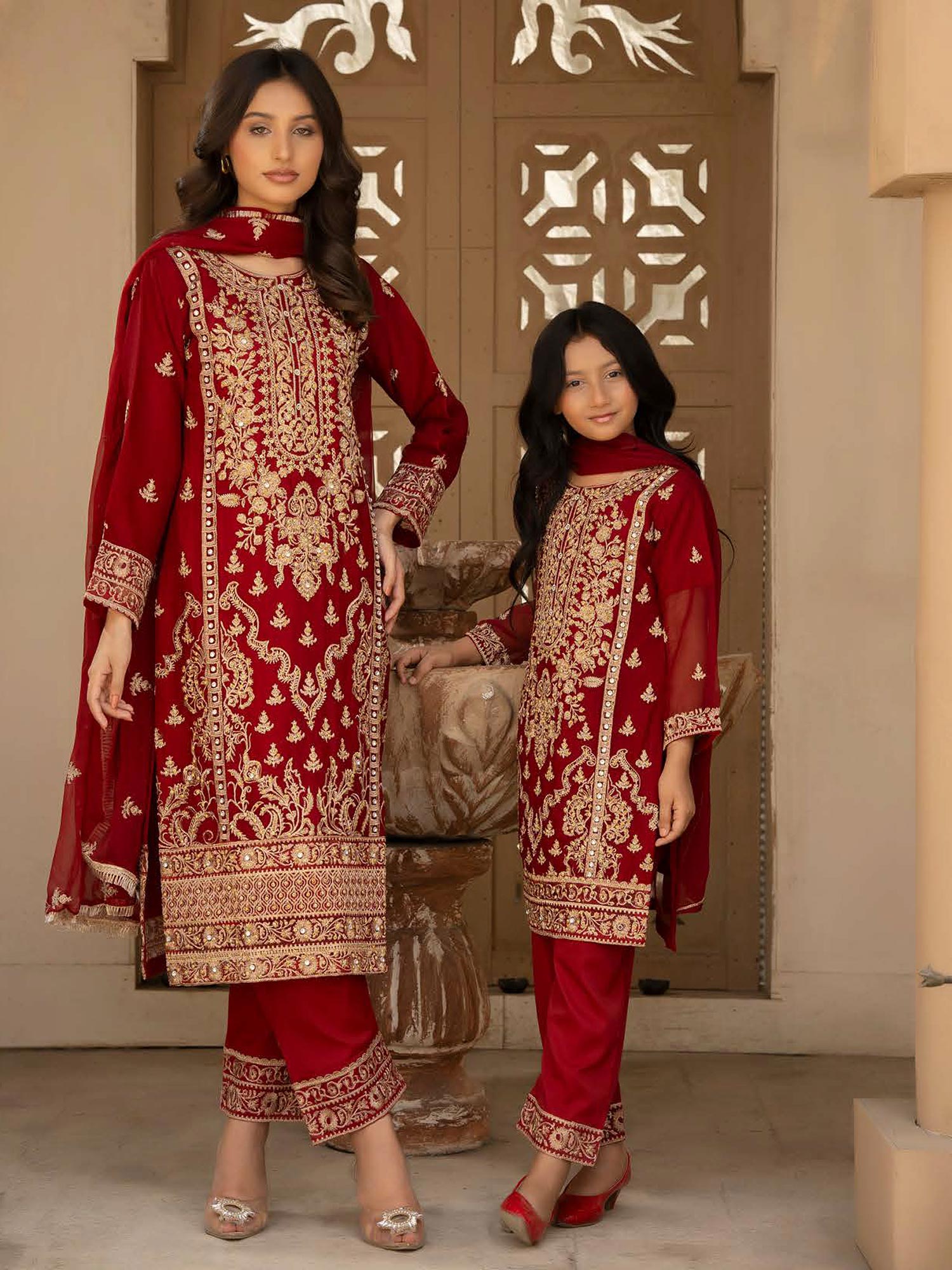 Rangz Chiffon Mother-Daughter Embroidered 3-Piece Suit - Red