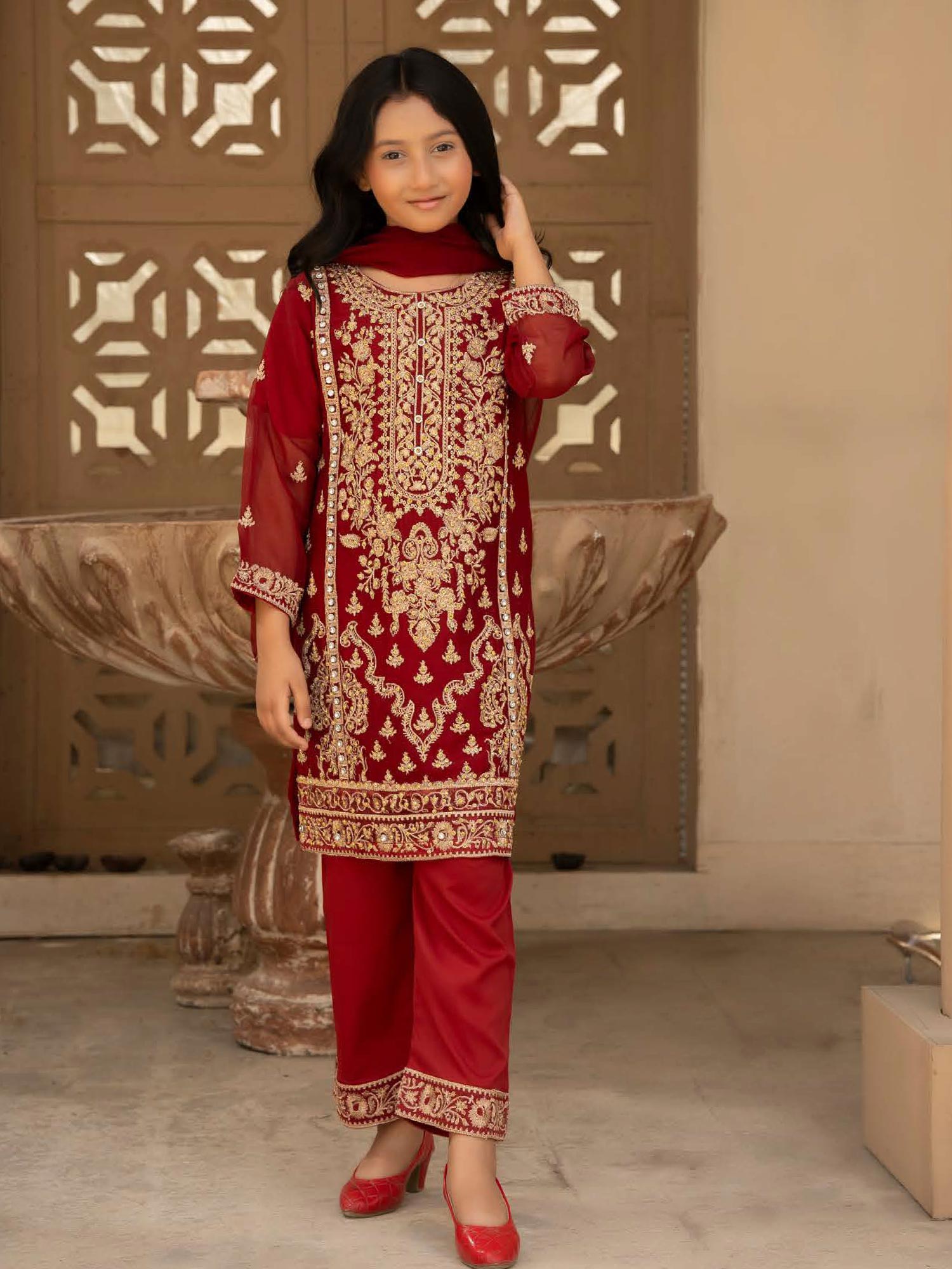 Rangz Chiffon Mother-Daughter Embroidered 3-Piece Suit - Red