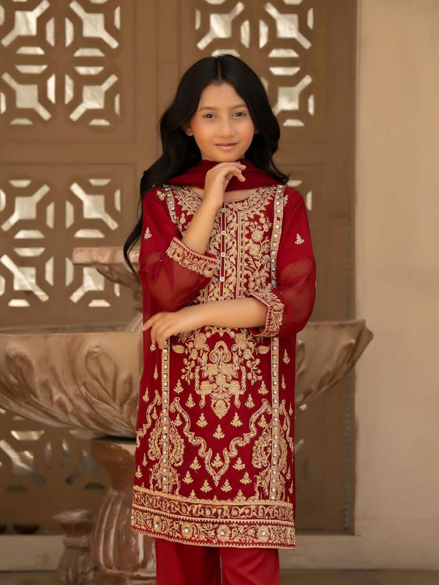 Rangz Chiffon Mother-Daughter Embroidered 3-Piece Suit - Red