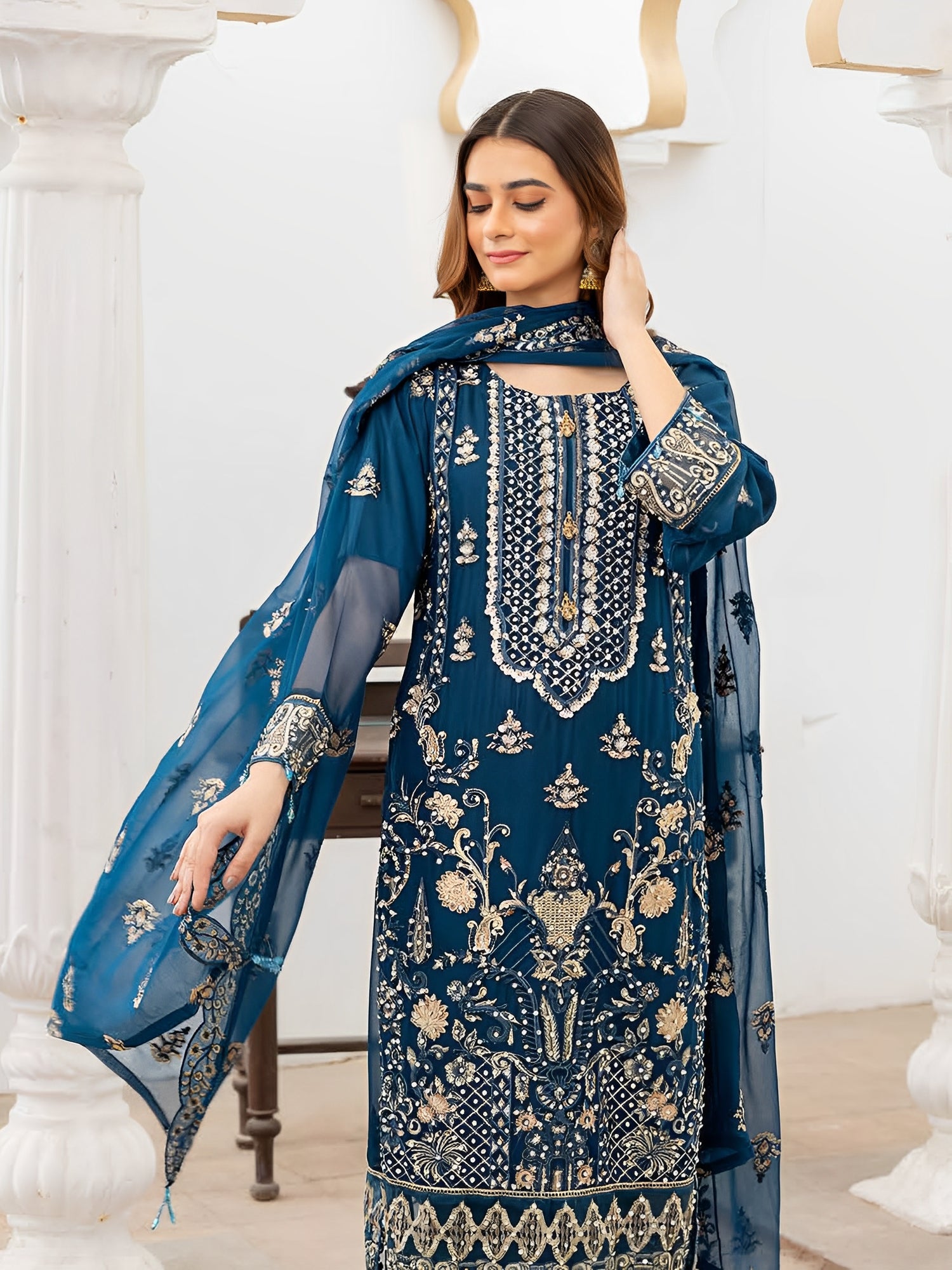 Rangz Luxury Embroidered Chiffon 3pc Suit - Teal