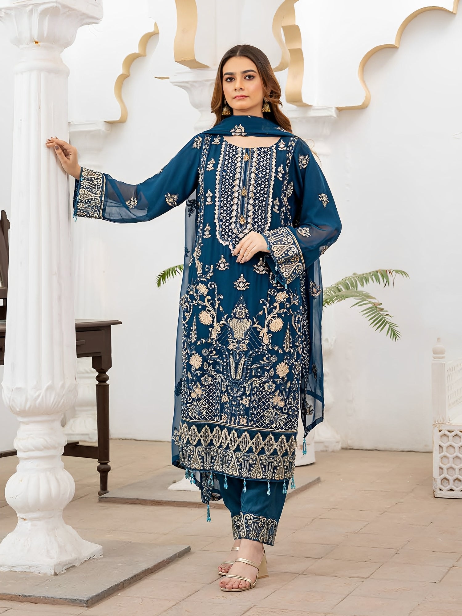 Rangz Luxury Embroidered Chiffon 3pc Suit - Teal