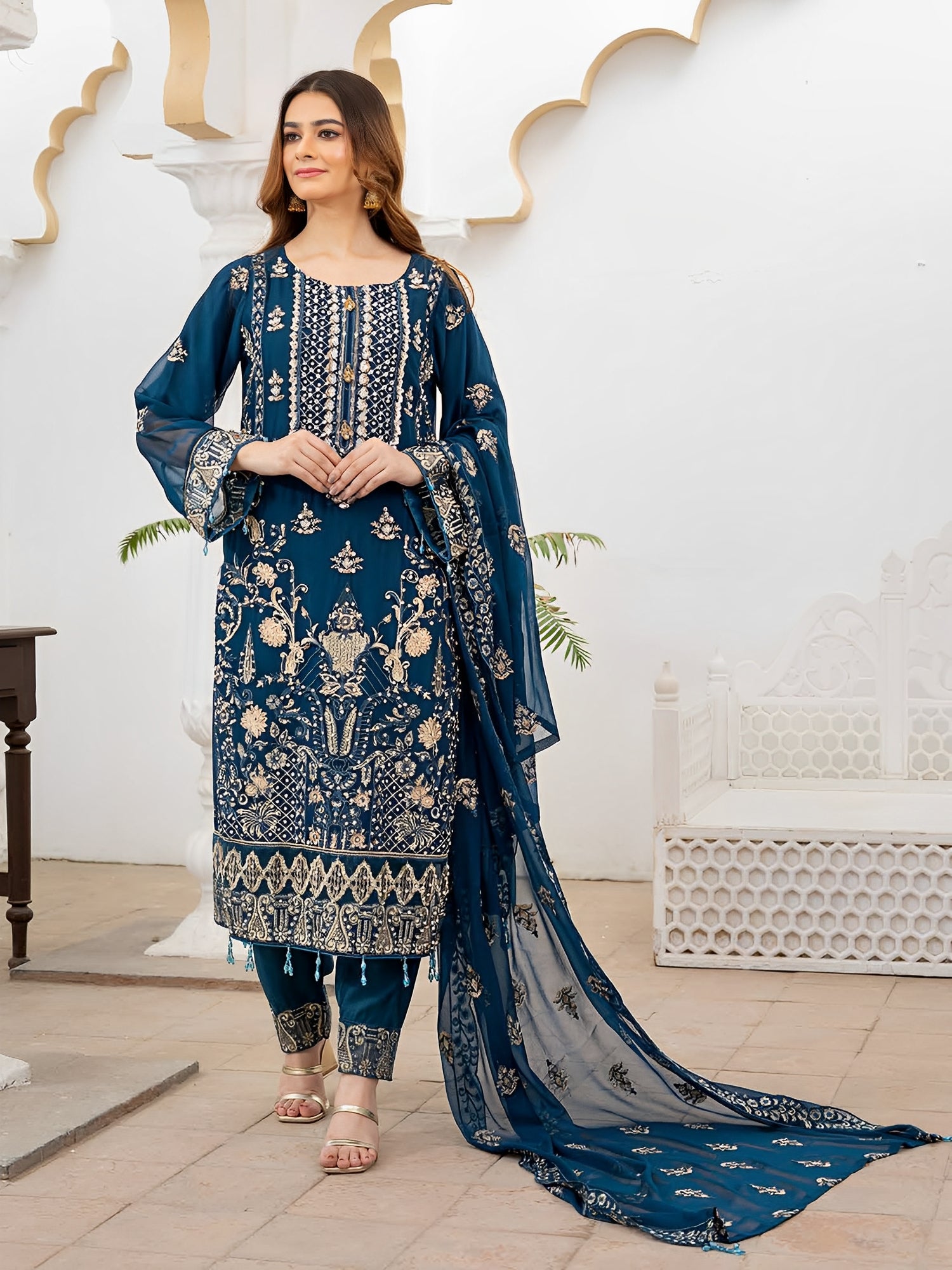 Rangz Luxury Embroidered Chiffon 3pc Suit - Teal
